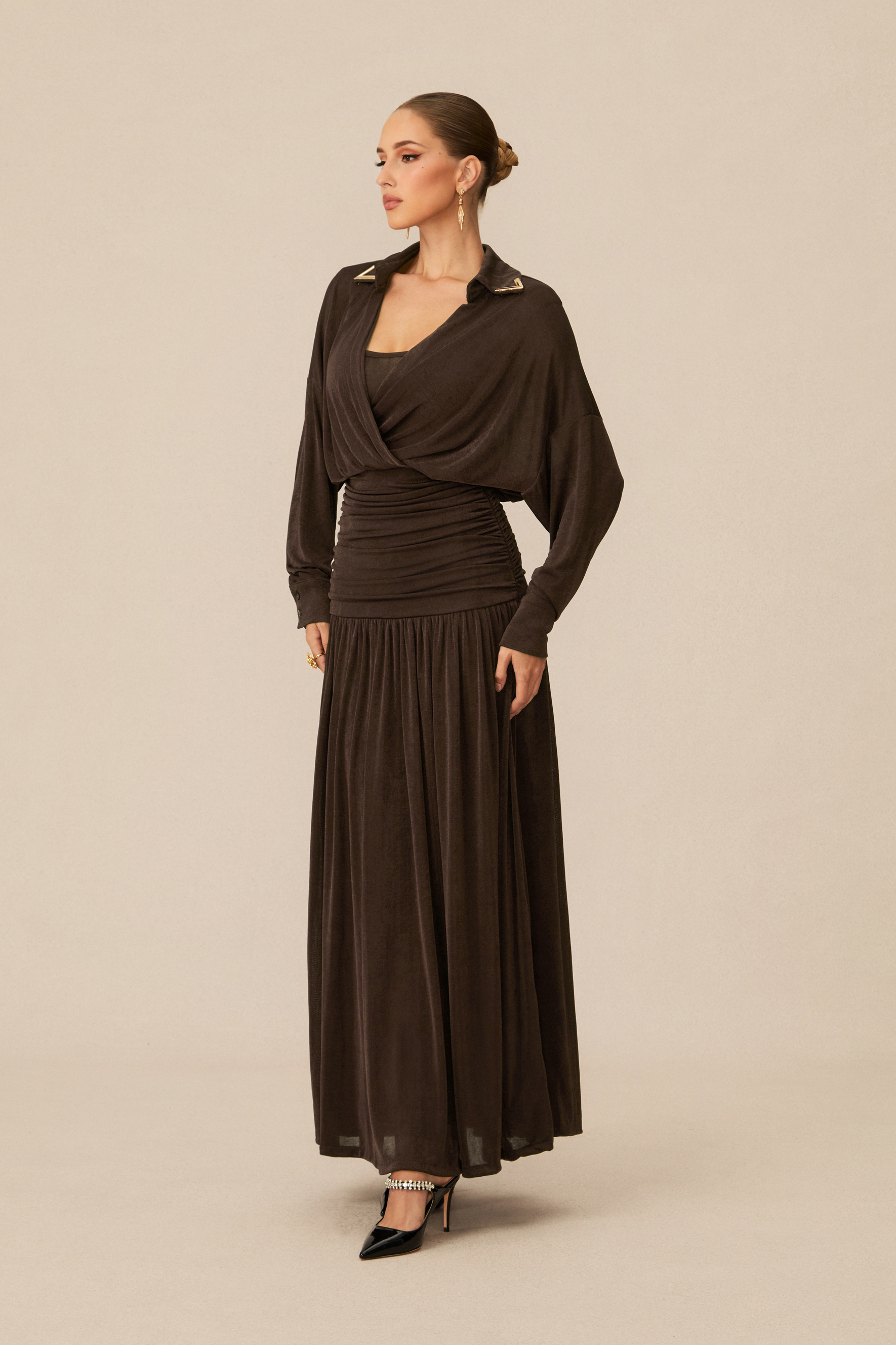 Lois V-Neck Ruched Waist Maxi Dress