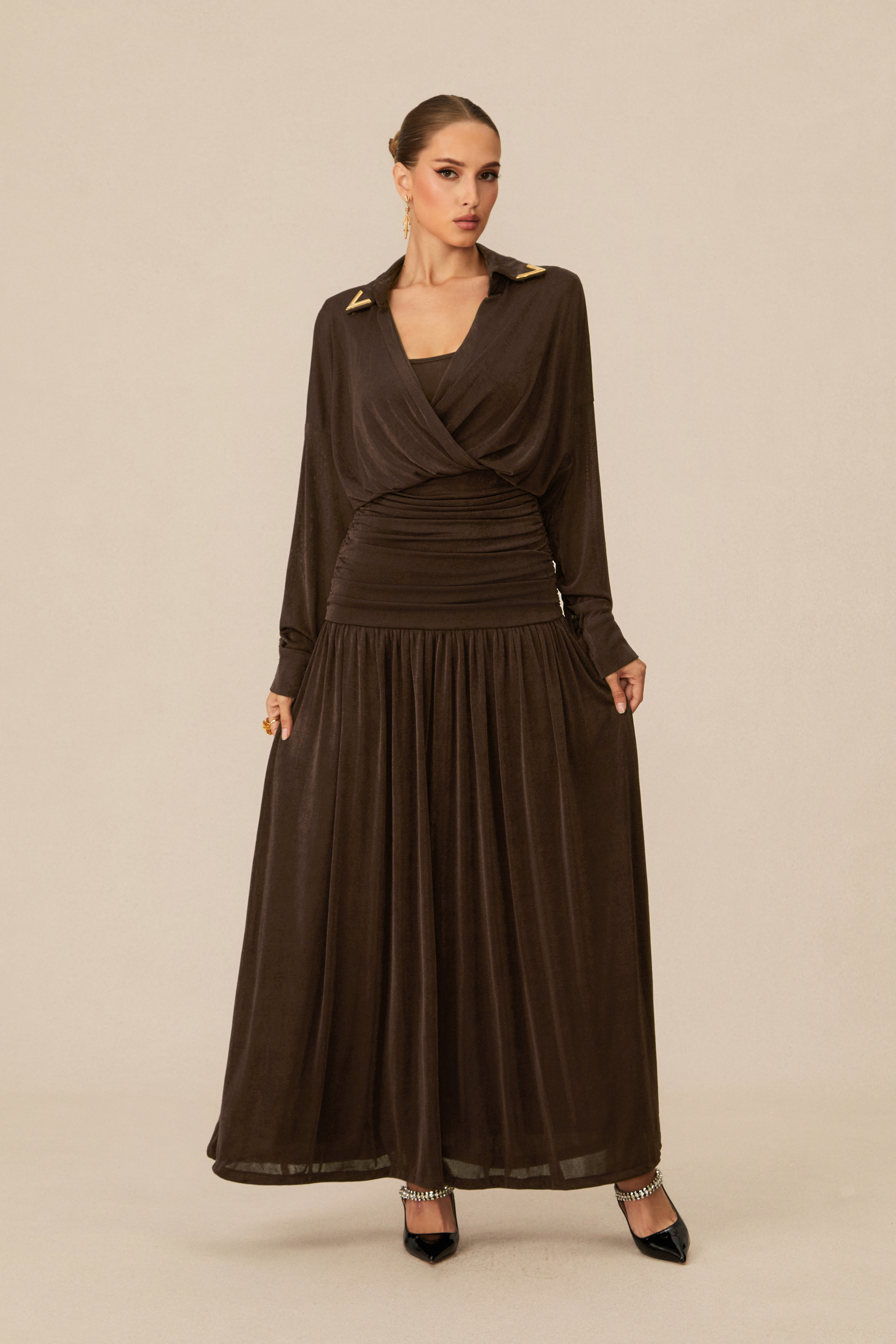 Lois V-Neck Ruched Waist Maxi Dress