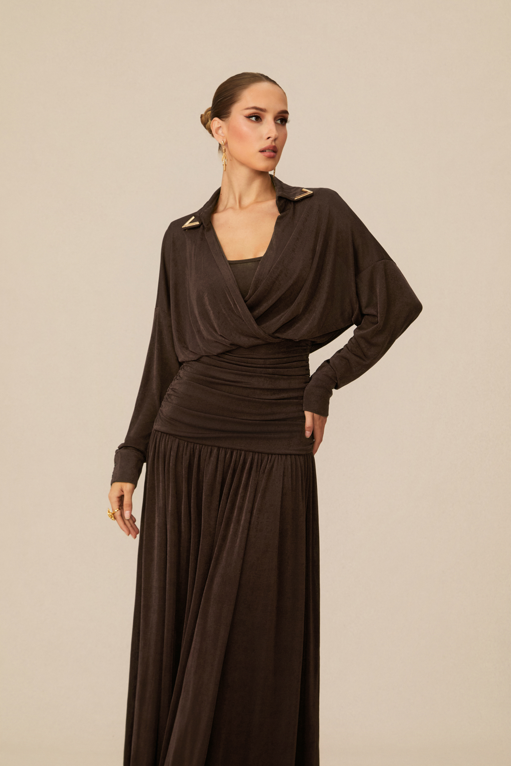 Lois V-Neck Ruched Waist Maxi Dress