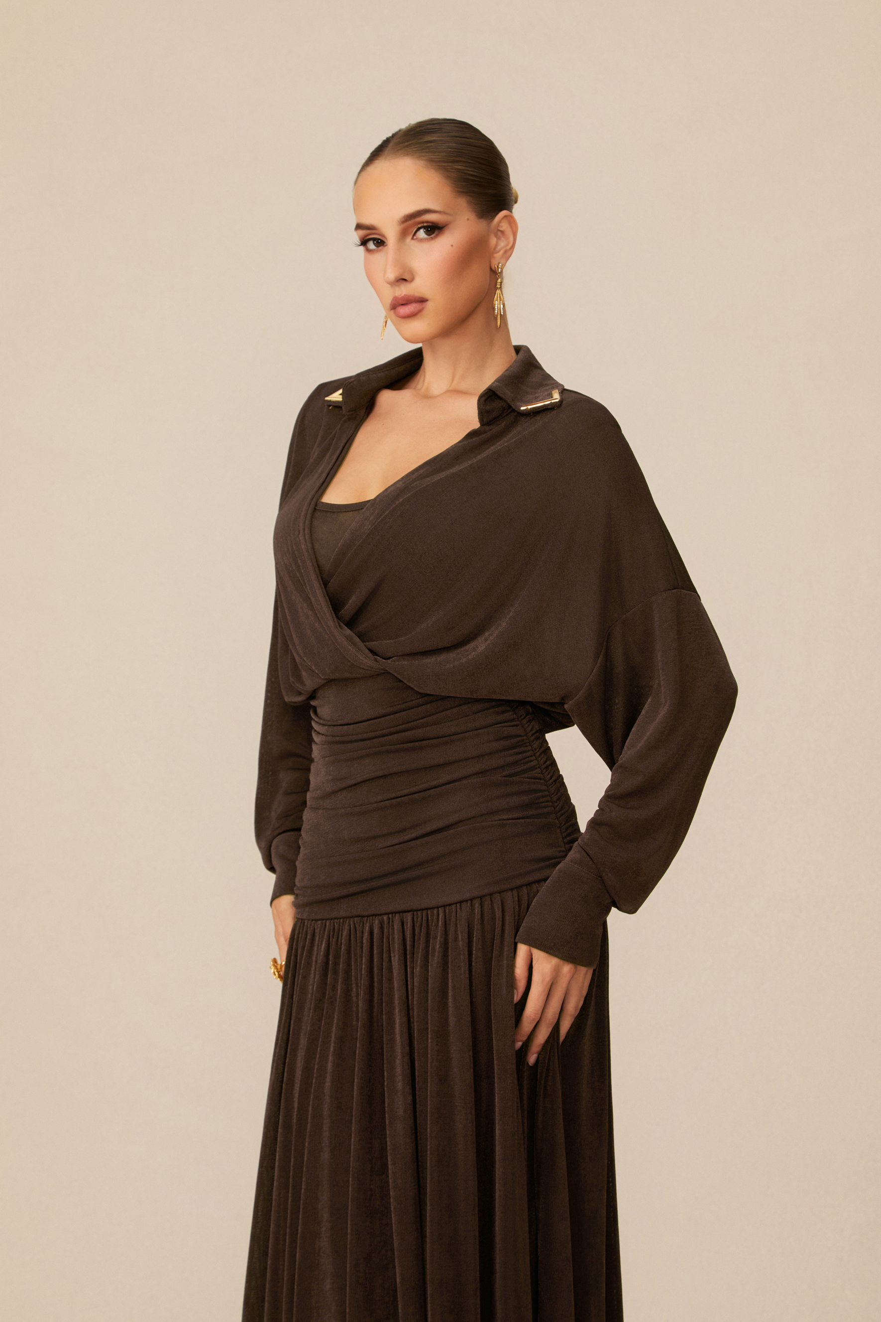 Lois V-Neck Ruched Waist Maxi Dress