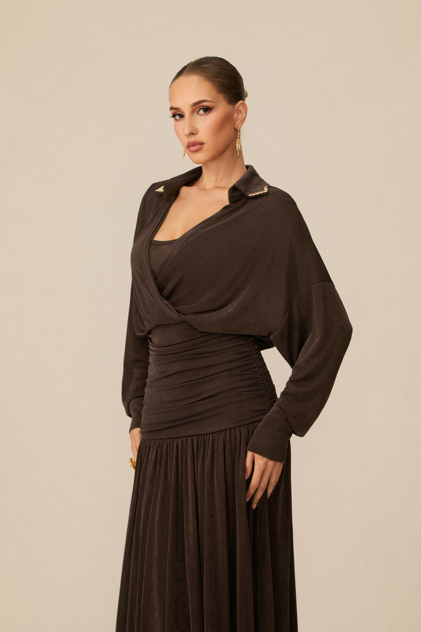 Lois V-Neck Ruched Waist Maxi Dress