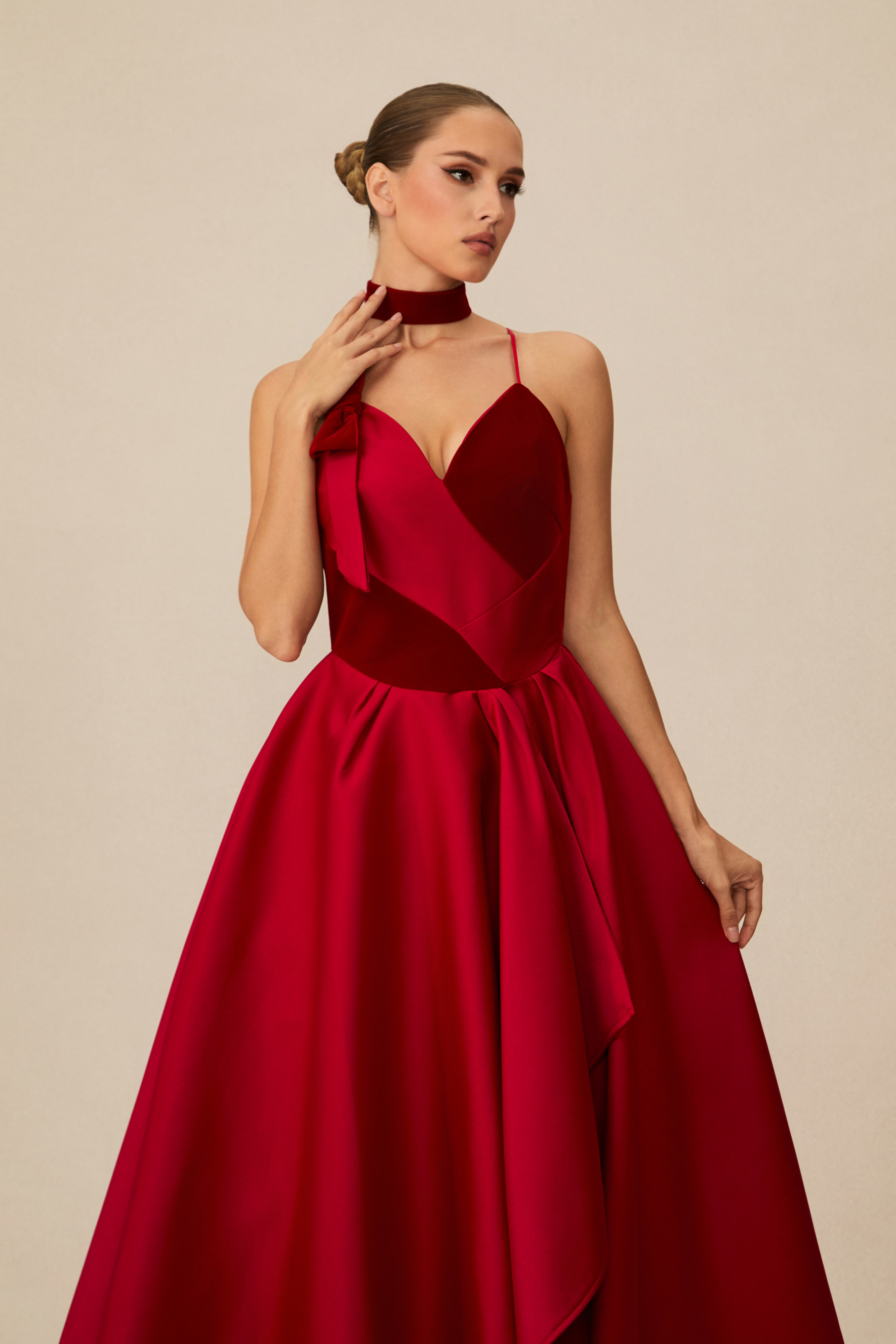 Luxurious Vision Red Velvet Panel Asymmetric Midi Dress