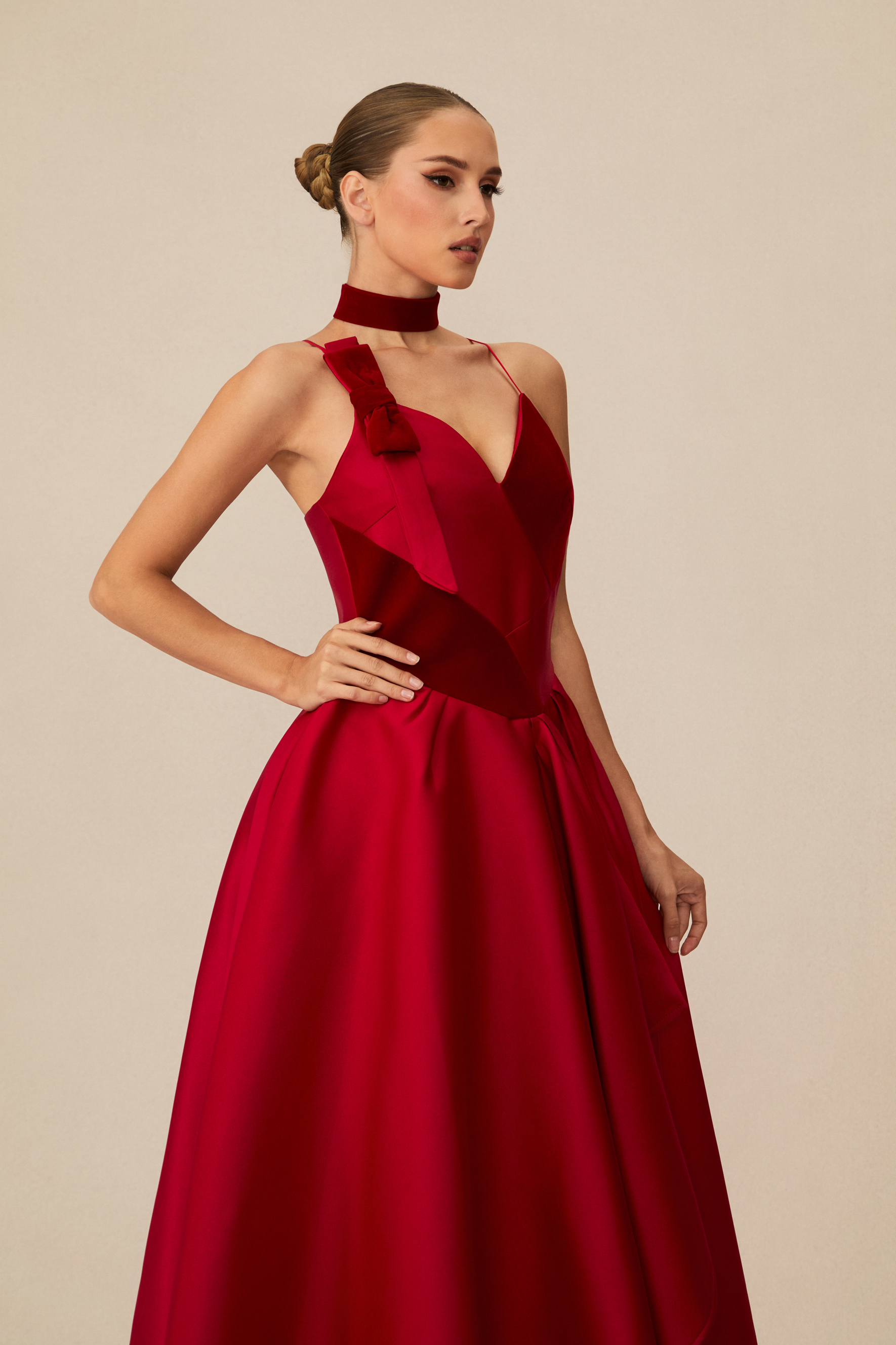 Luxurious Vision Red Velvet Panel Asymmetric Midi Dress