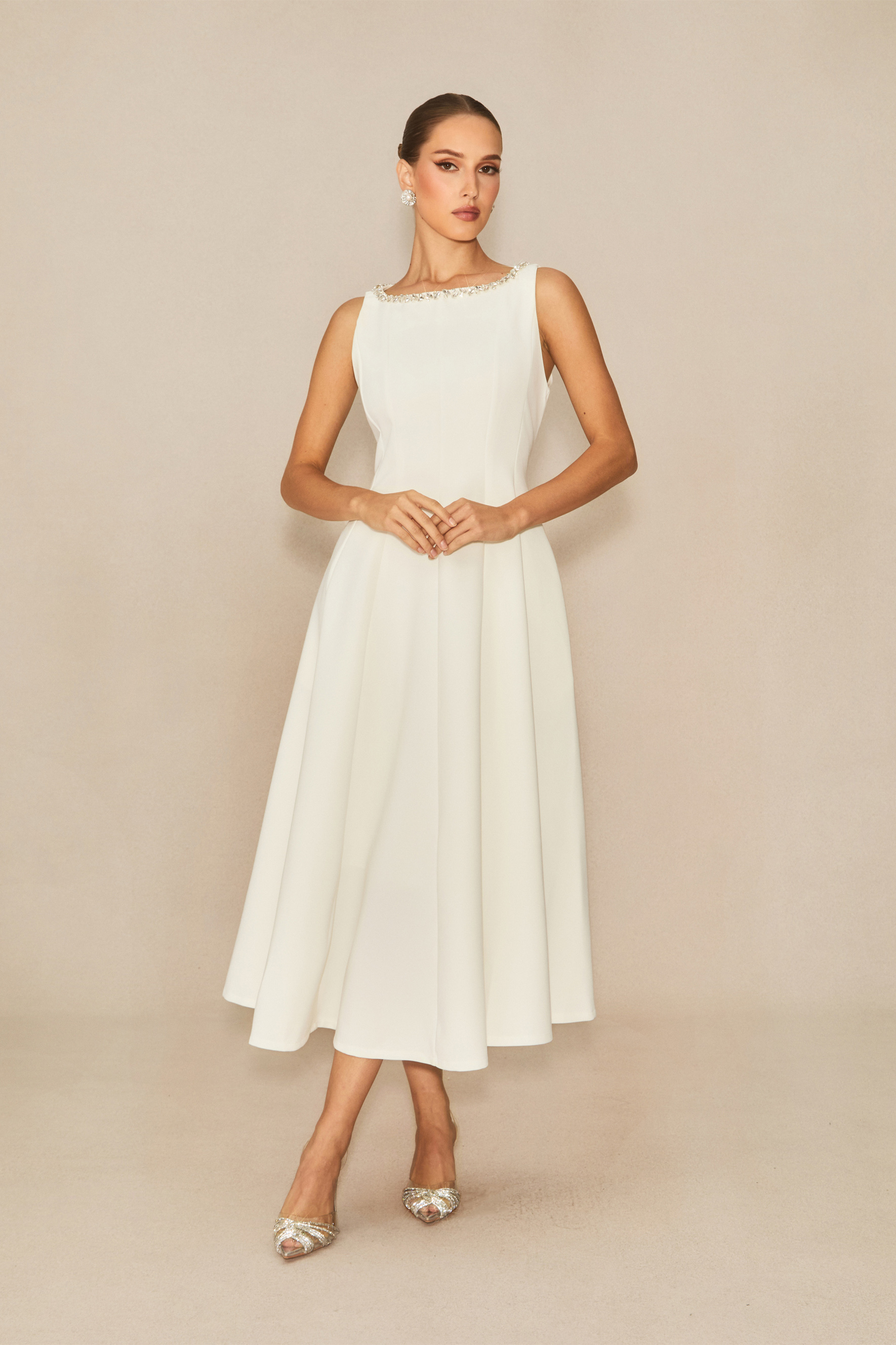 Captured Your Heart White Embellished Sleeveless Midi Dress