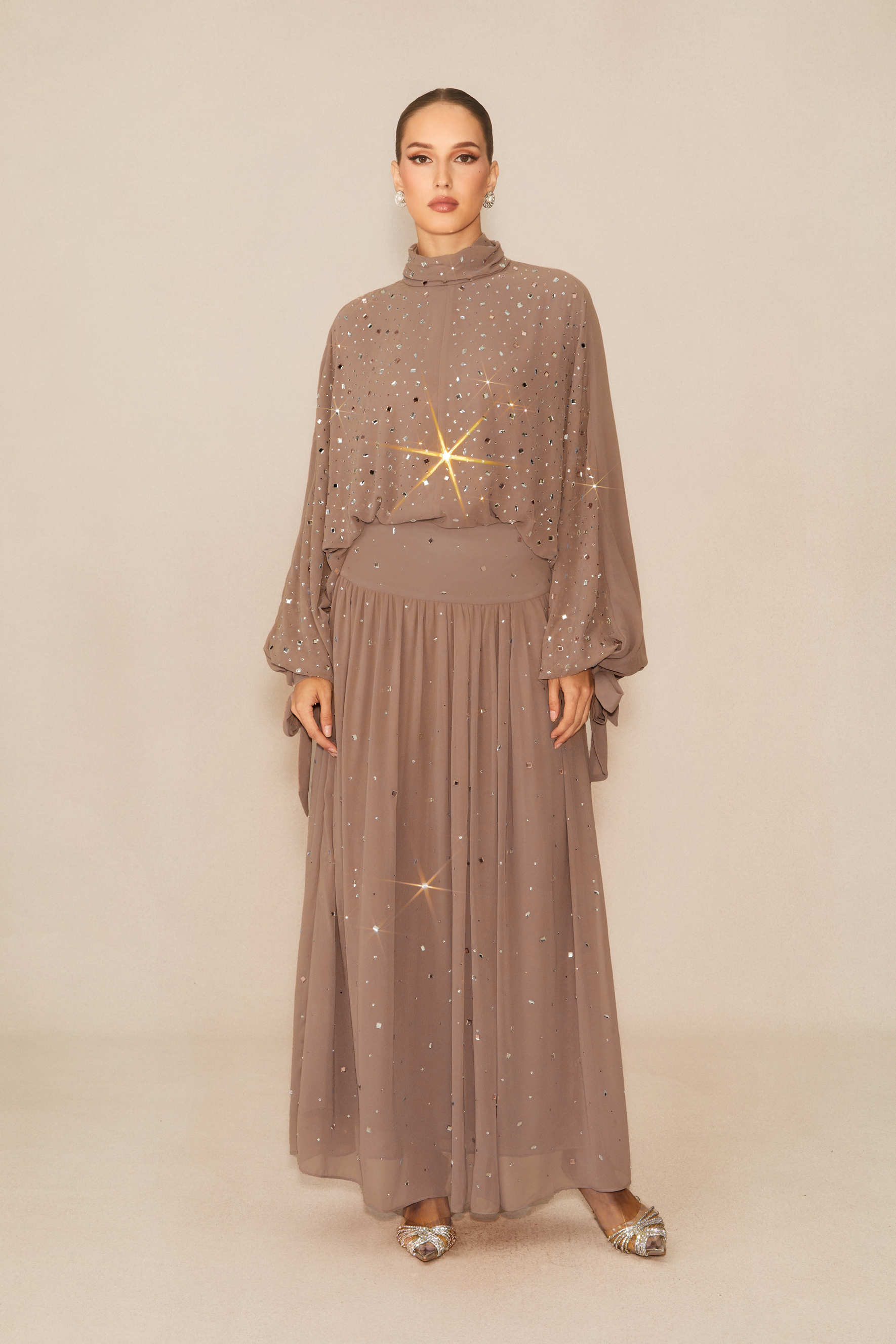 Indescribable Shine Khaki Crystal Embellished Top & Skirt Set