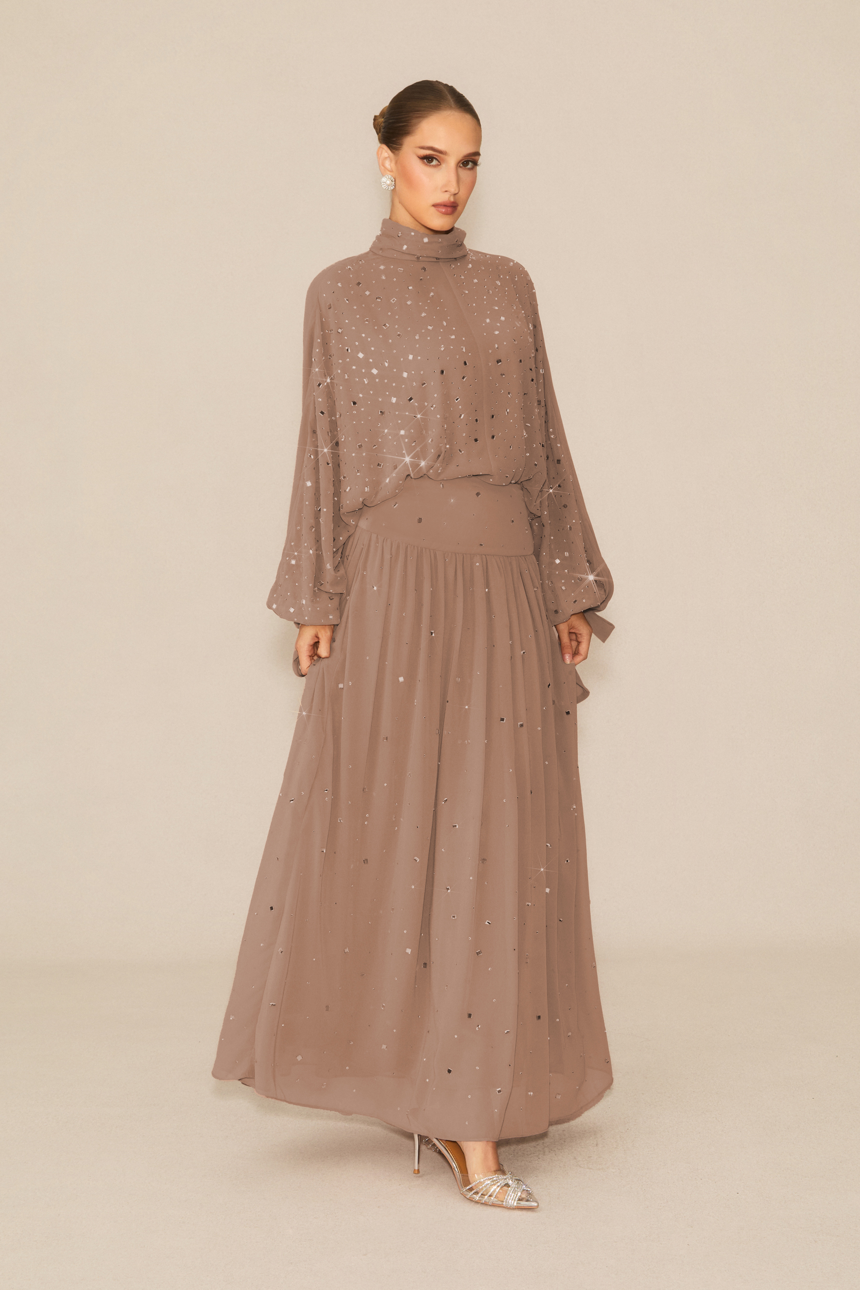Indescribable Shine Khaki Crystal Embellished Top & Skirt Set