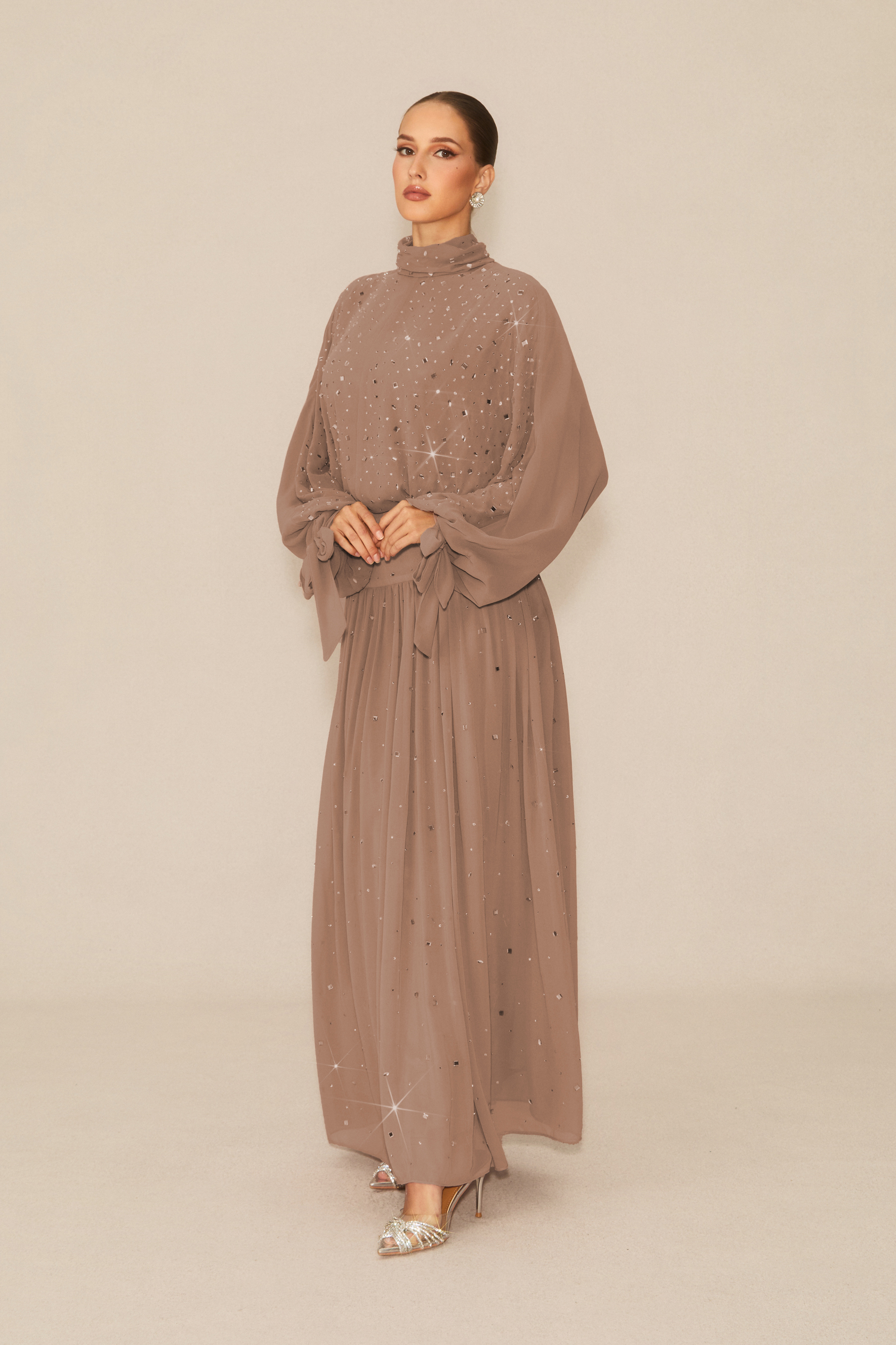 Indescribable Shine Khaki Crystal Embellished Top & Skirt Set