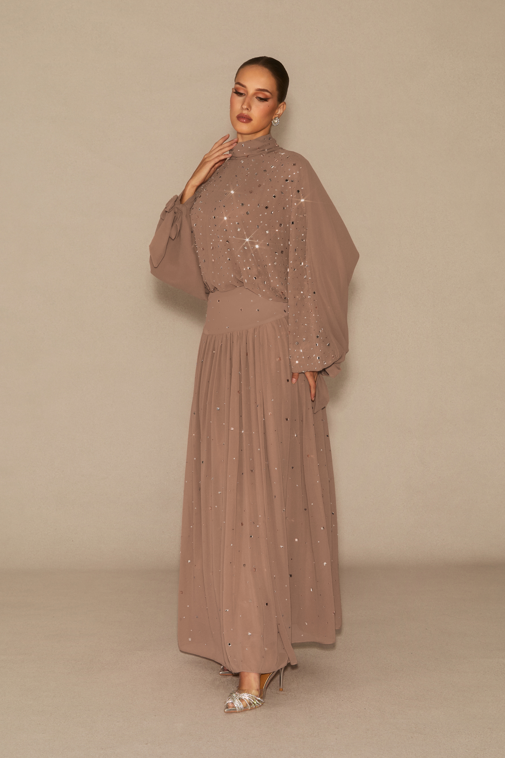 Indescribable Shine Khaki Crystal Embellished Top & Skirt Set