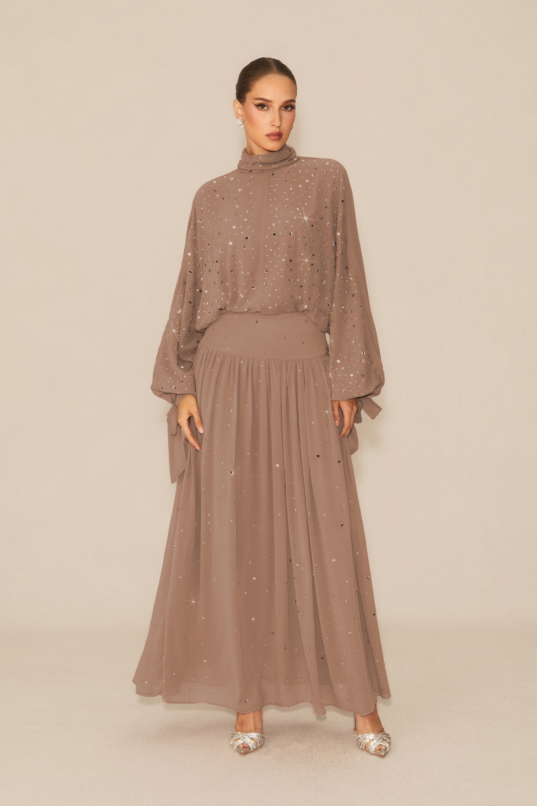 Indescribable Shine Khaki Crystal Embellished Top & Skirt Set