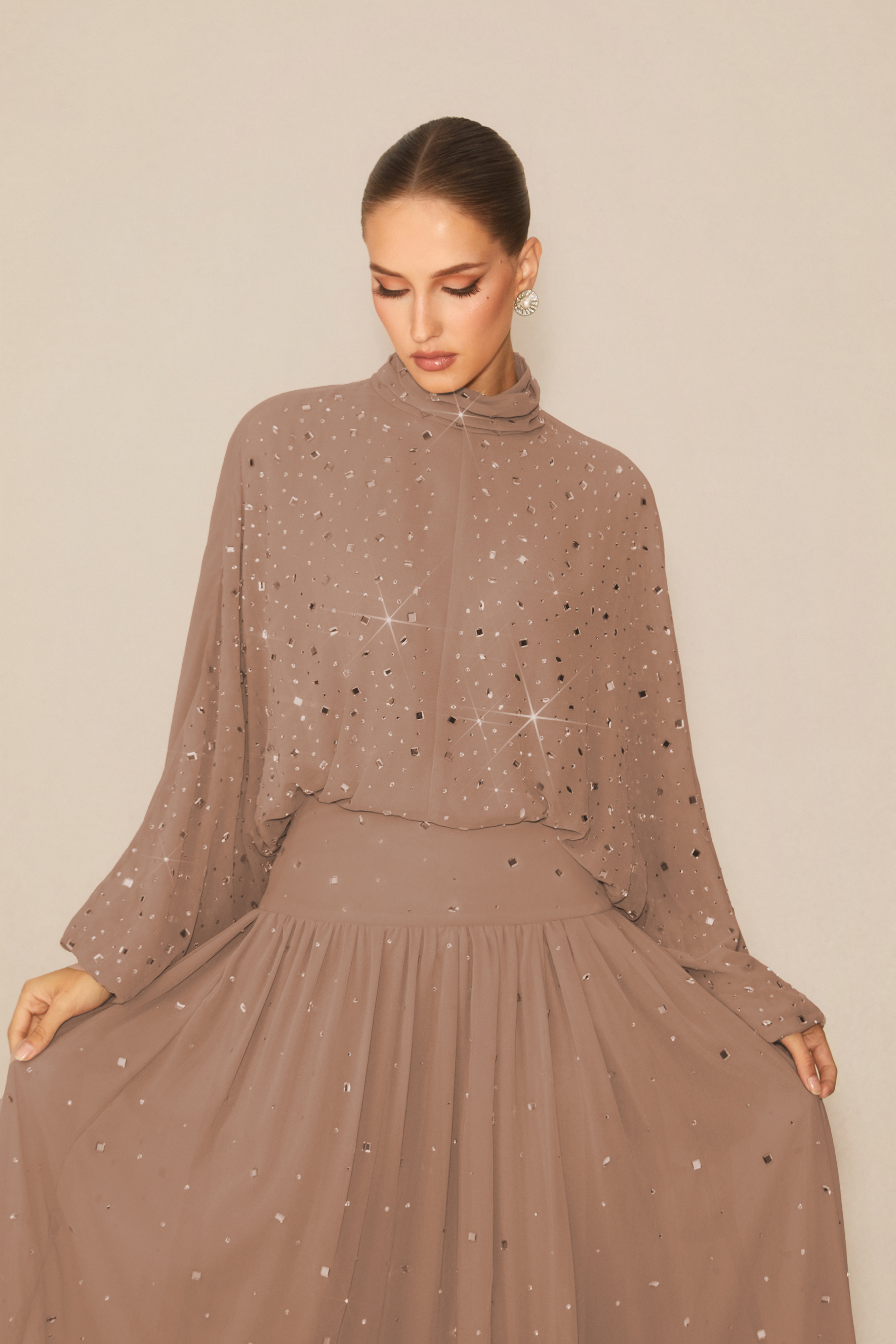 Indescribable Shine Khaki Crystal Embellished Top & Skirt Set