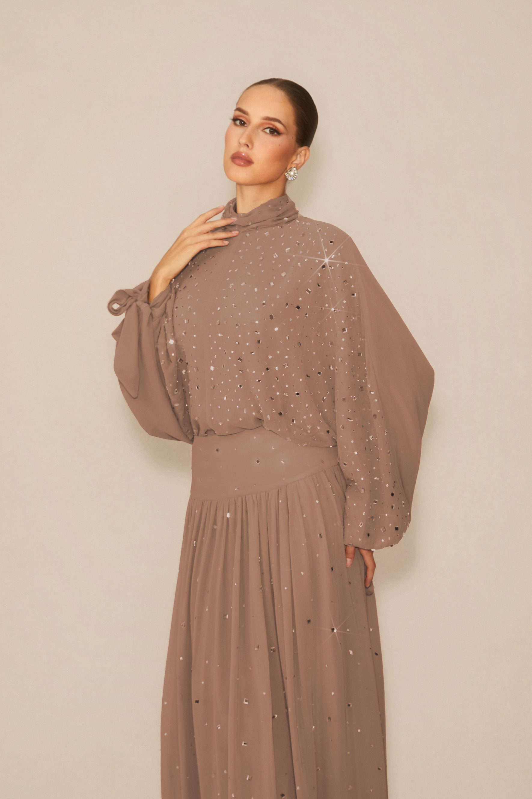 Indescribable Shine Khaki Crystal Embellished Top & Skirt Set