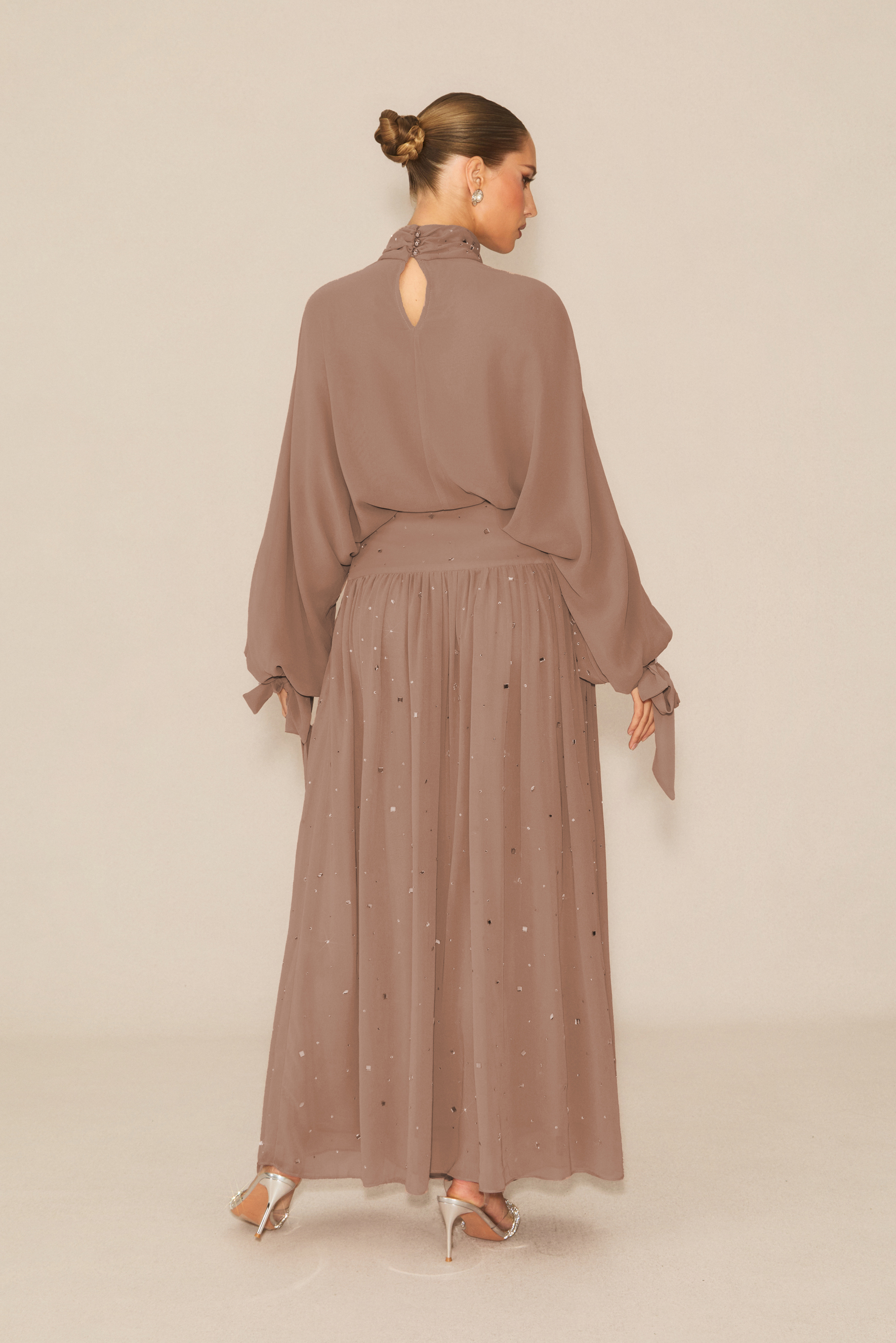 Indescribable Shine Khaki Crystal Embellished Top & Skirt Set