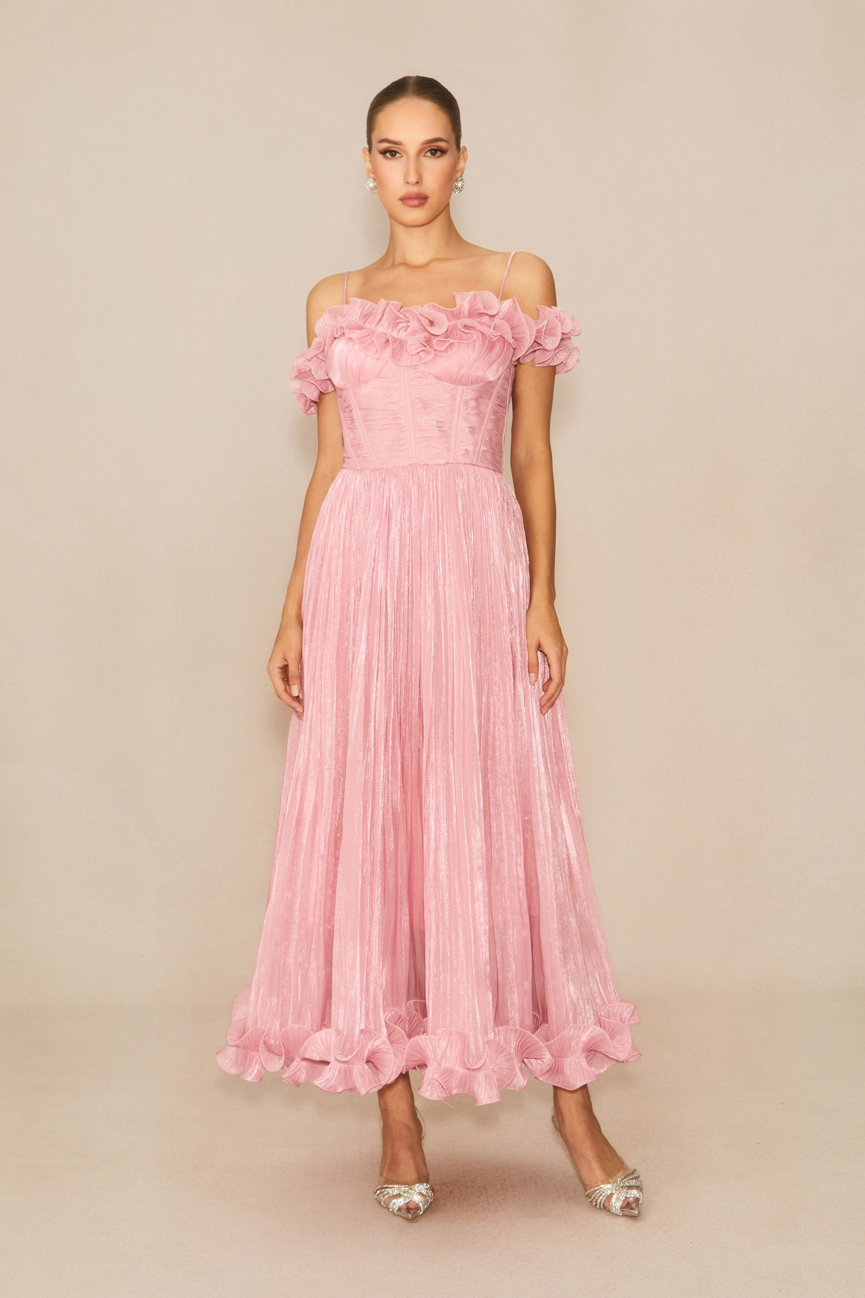 Special Moment Pink Ruffled Off Shoulder Maxi Dress