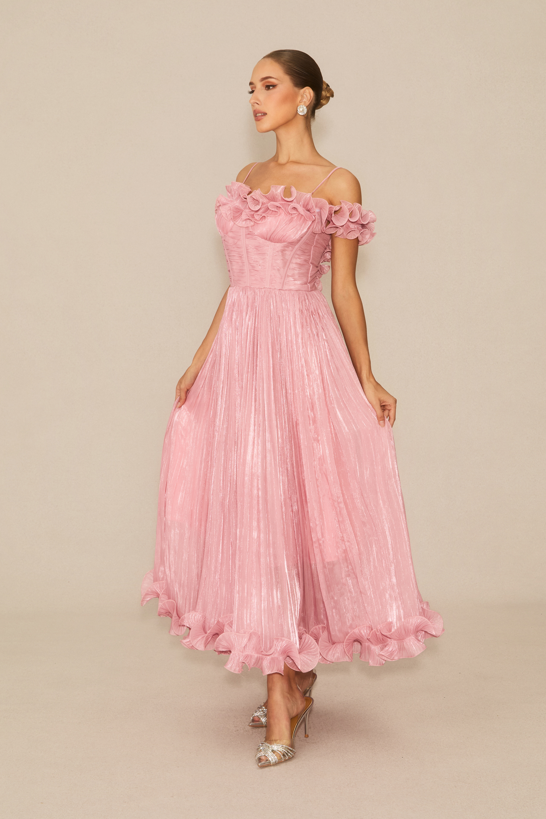 Special Moment Pink Ruffled Off Shoulder Maxi Dress