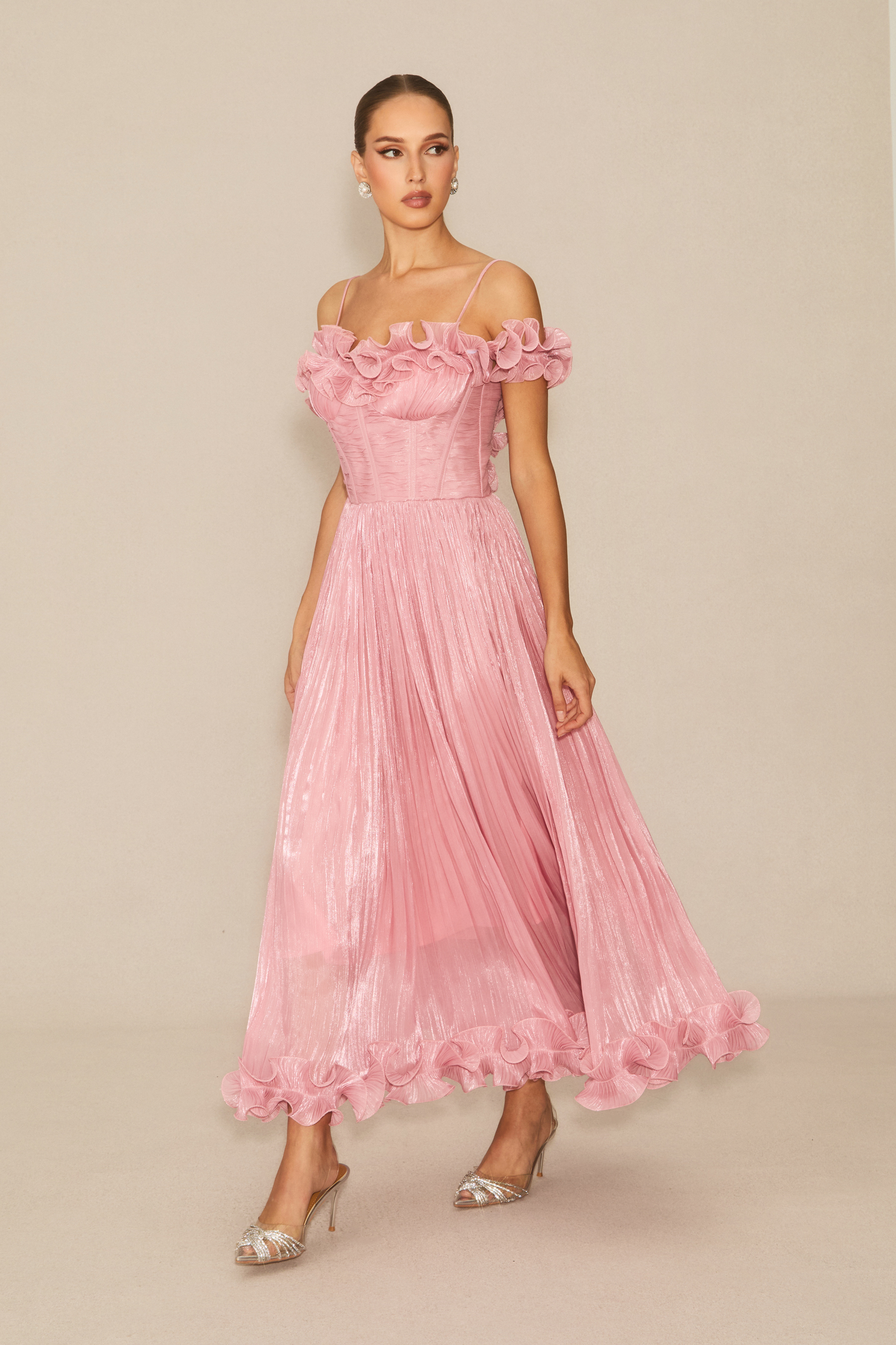 Special Moment Pink Ruffled Off Shoulder Maxi Dress