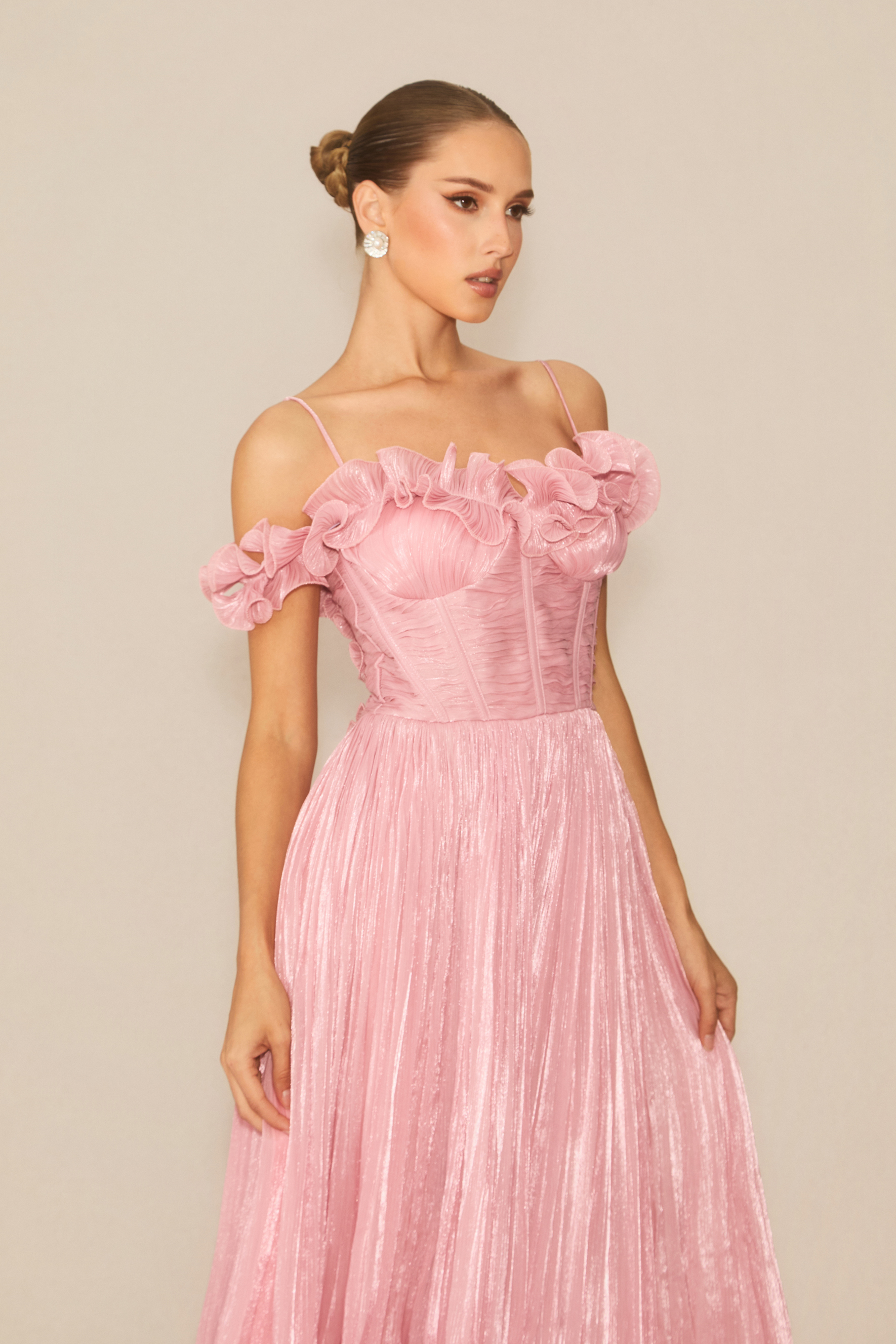 Special Moment Pink Ruffled Off Shoulder Maxi Dress
