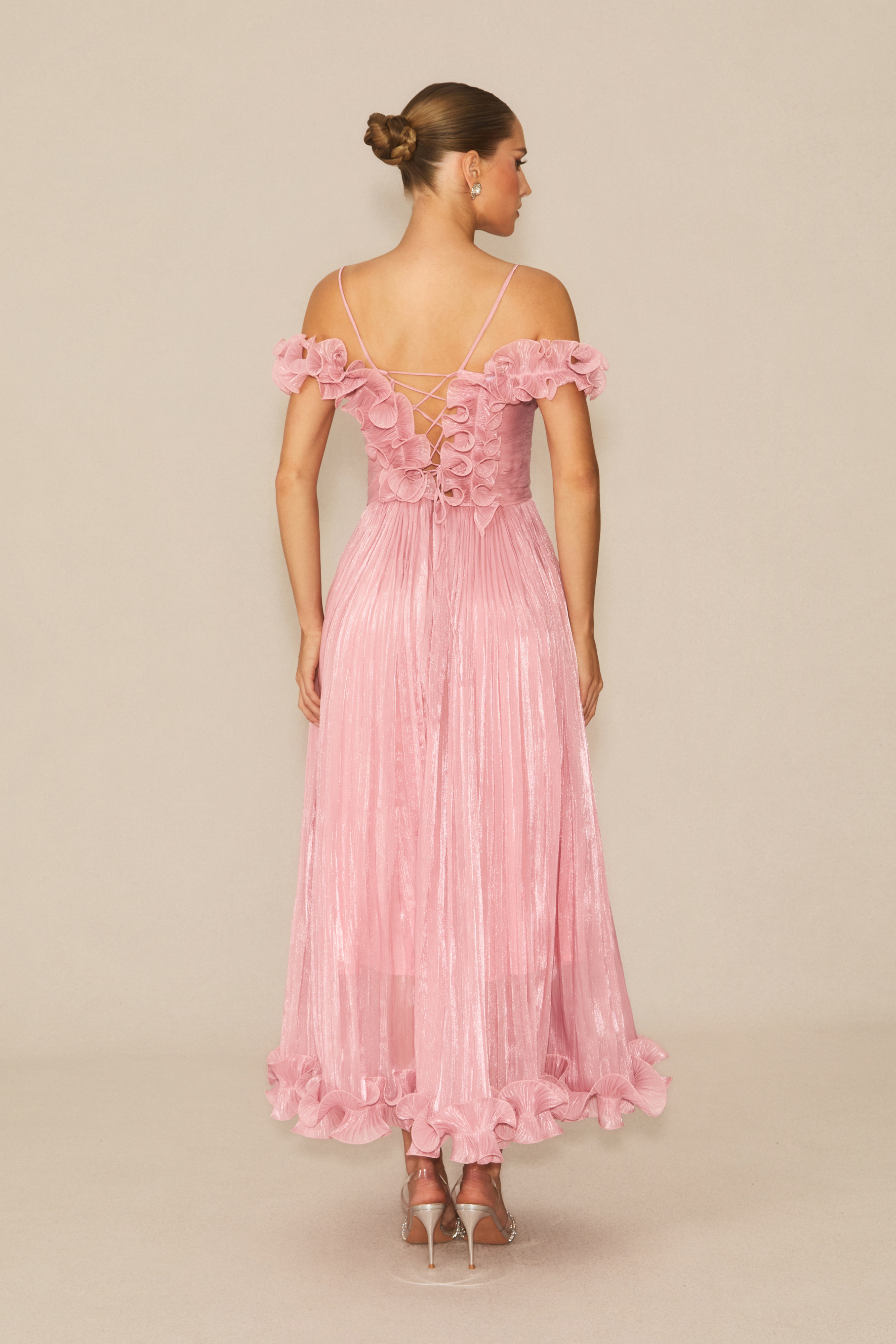 Special Moment Pink Ruffled Off Shoulder Maxi Dress