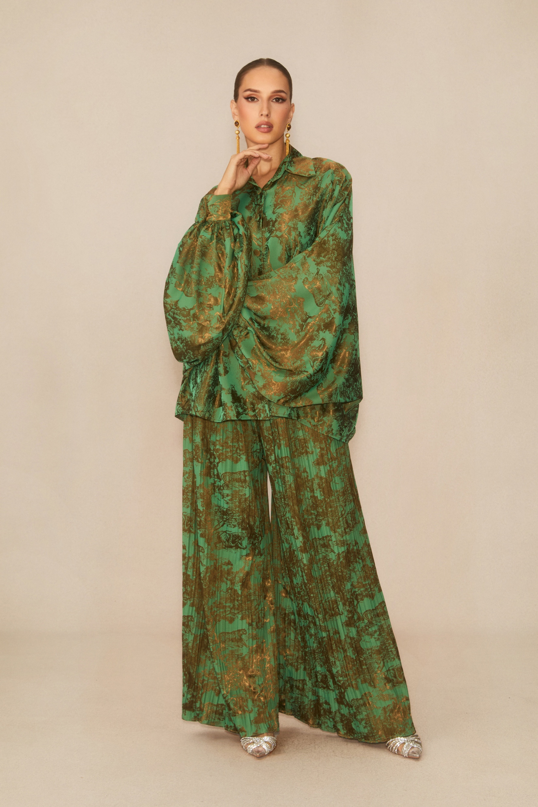 Breezy Getaway Green Printed Blouse & Pleated Wide-Leg Pants Set