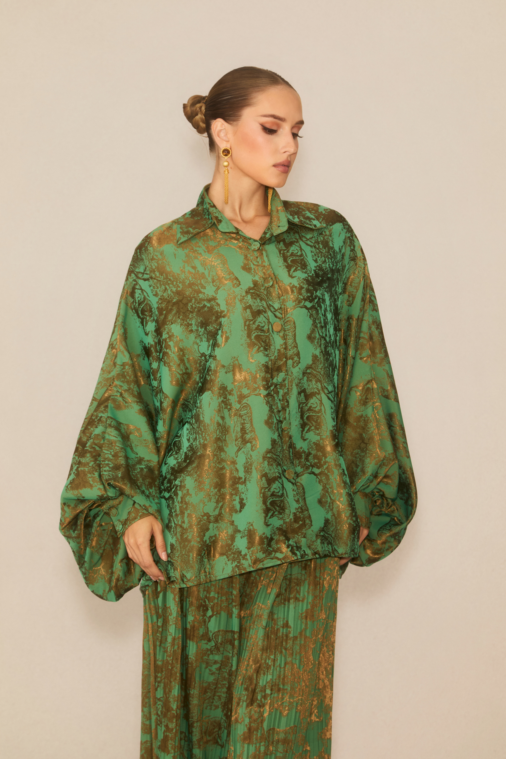 Breezy Getaway Green Printed Blouse & Pleated Wide-Leg Pants Set