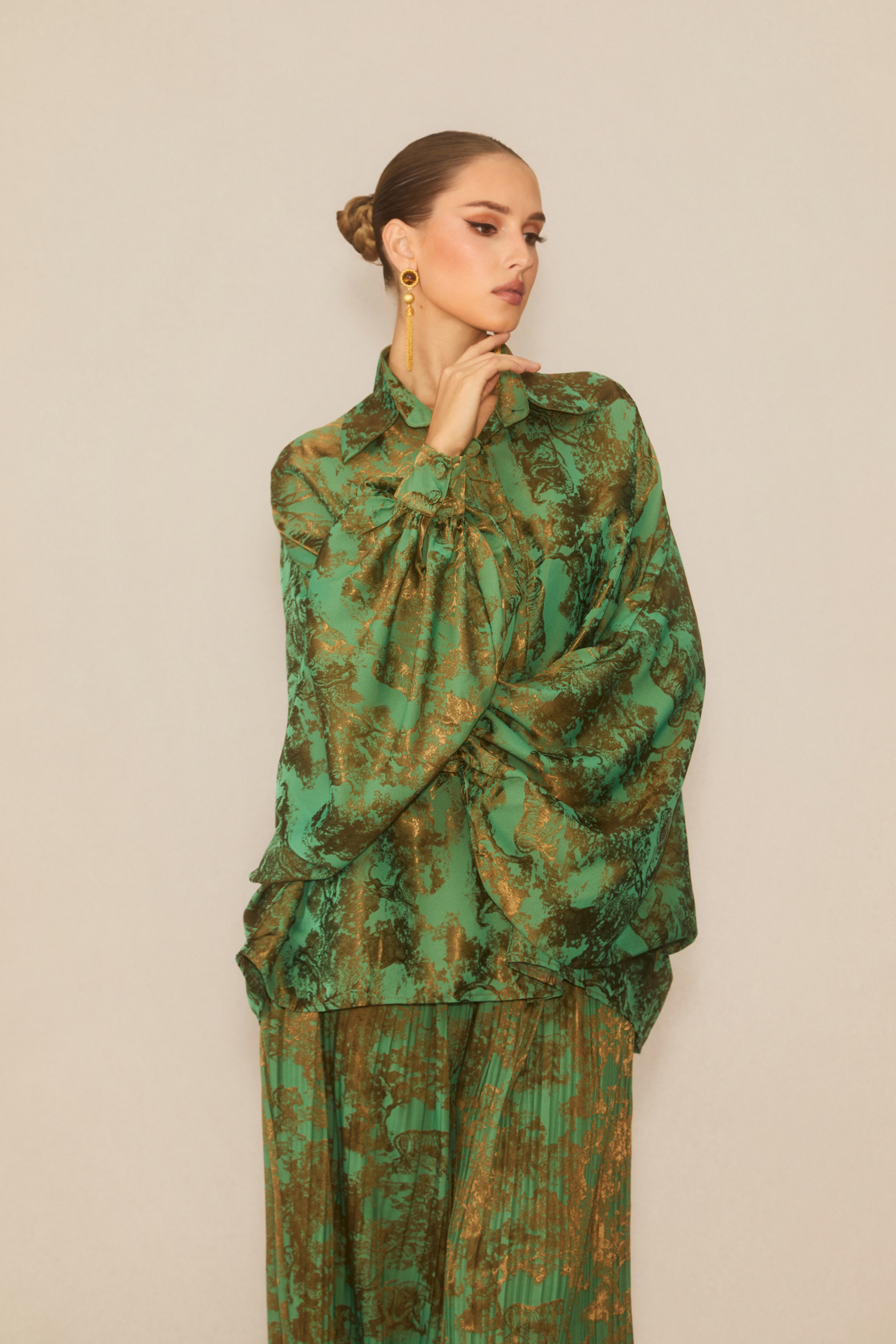 Breezy Getaway Green Printed Blouse & Pleated Wide-Leg Pants Set