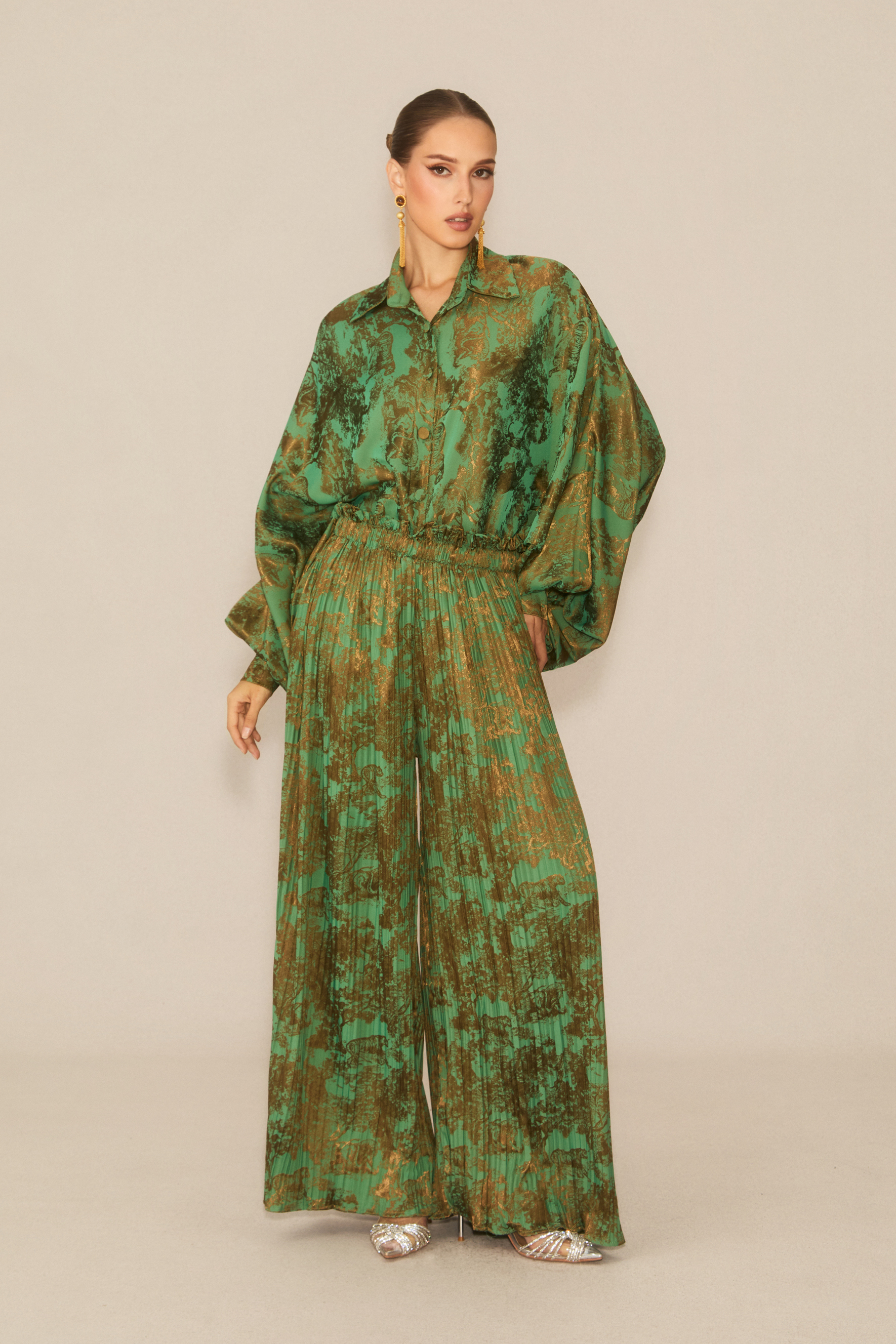 Breezy Getaway Green Printed Blouse & Pleated Wide-Leg Pants Set