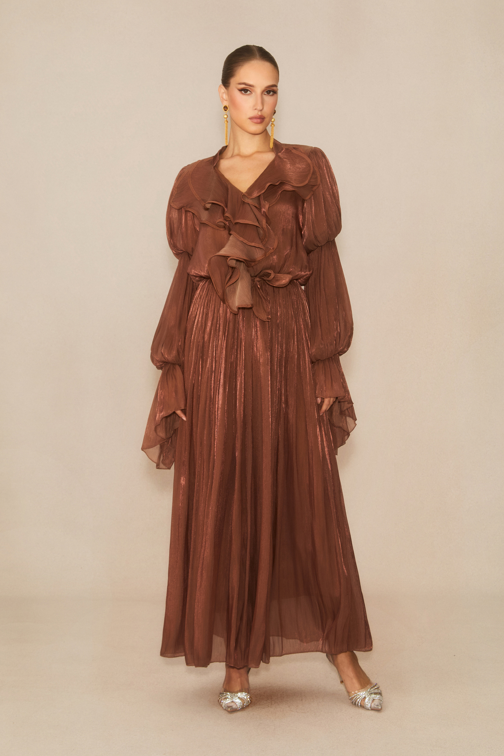 Oh-So Stunning Brown Puff Sleeve Ruffled Maxi Dress