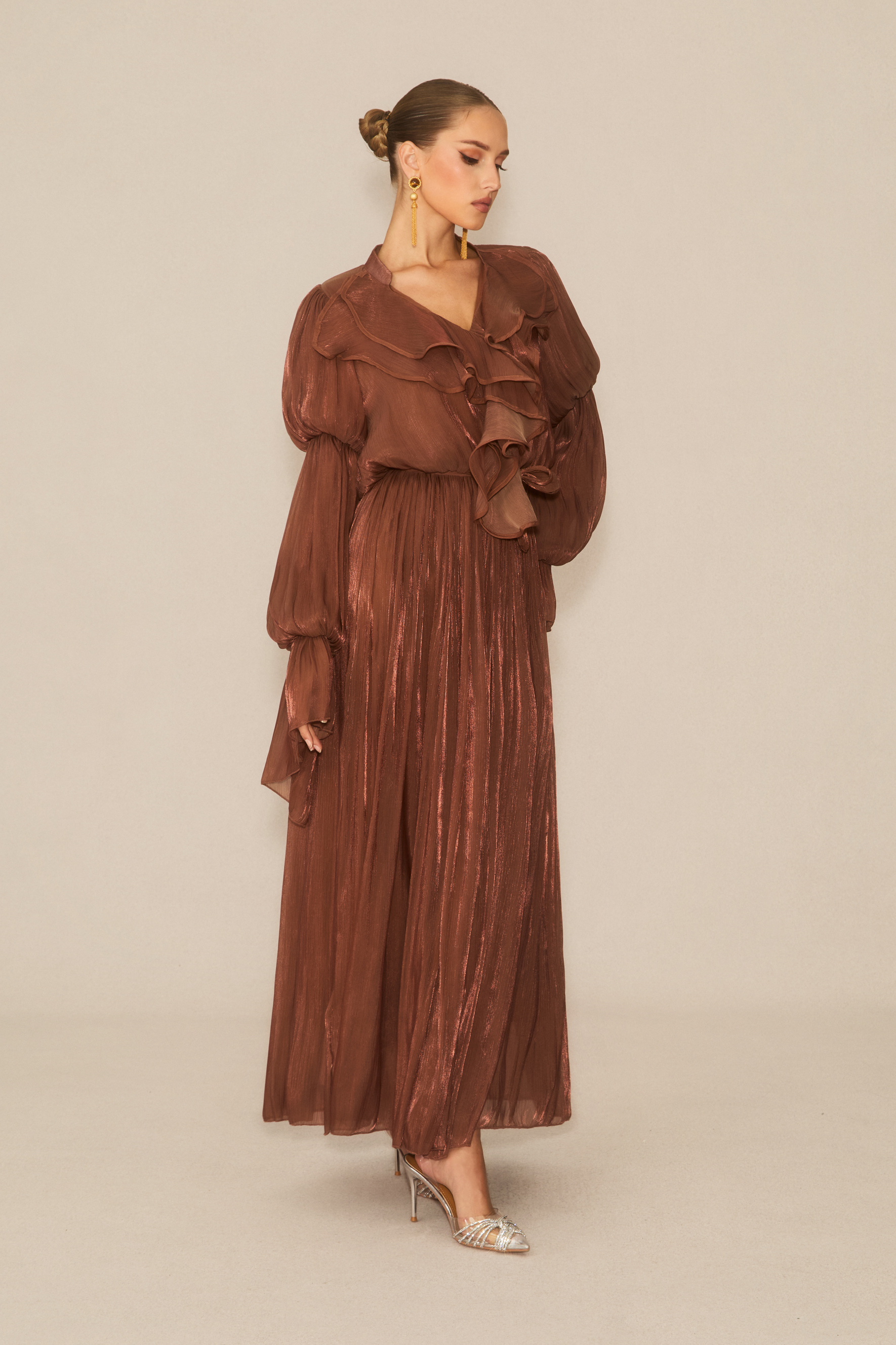 Oh-So Stunning Brown Puff Sleeve Ruffled Maxi Dress