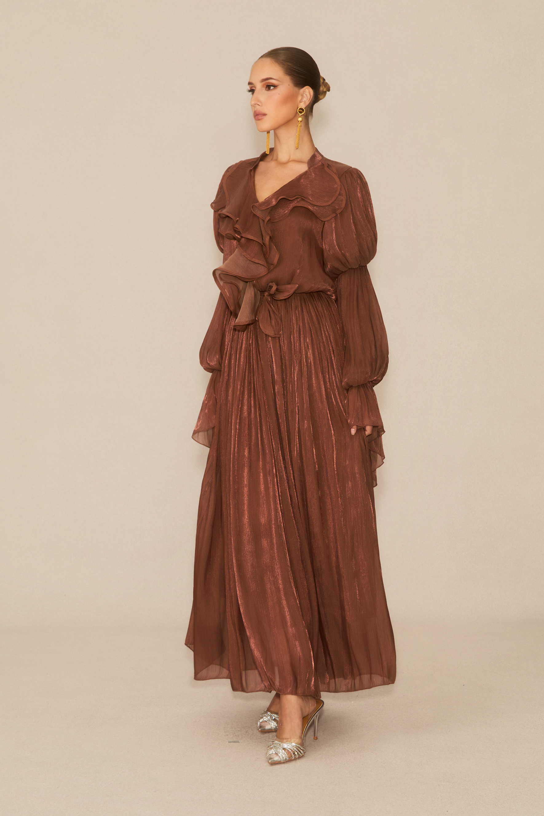 Oh-So Stunning Brown Puff Sleeve Ruffled Maxi Dress