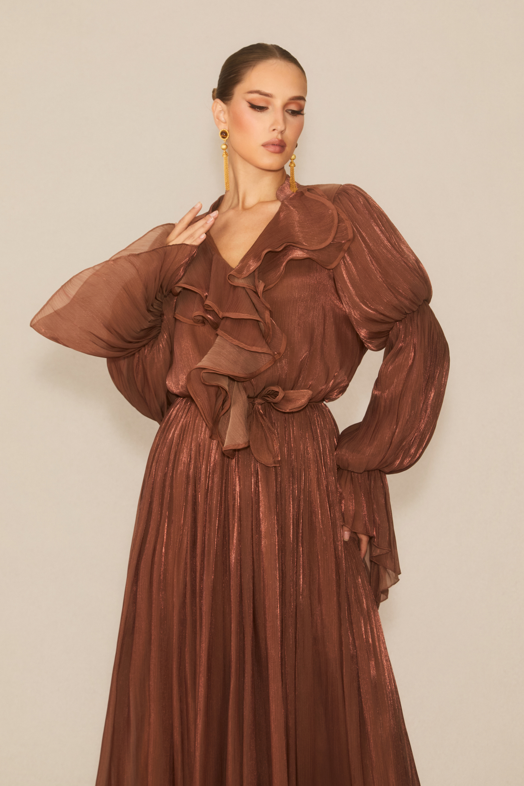 Oh-So Stunning Brown Puff Sleeve Ruffled Maxi Dress