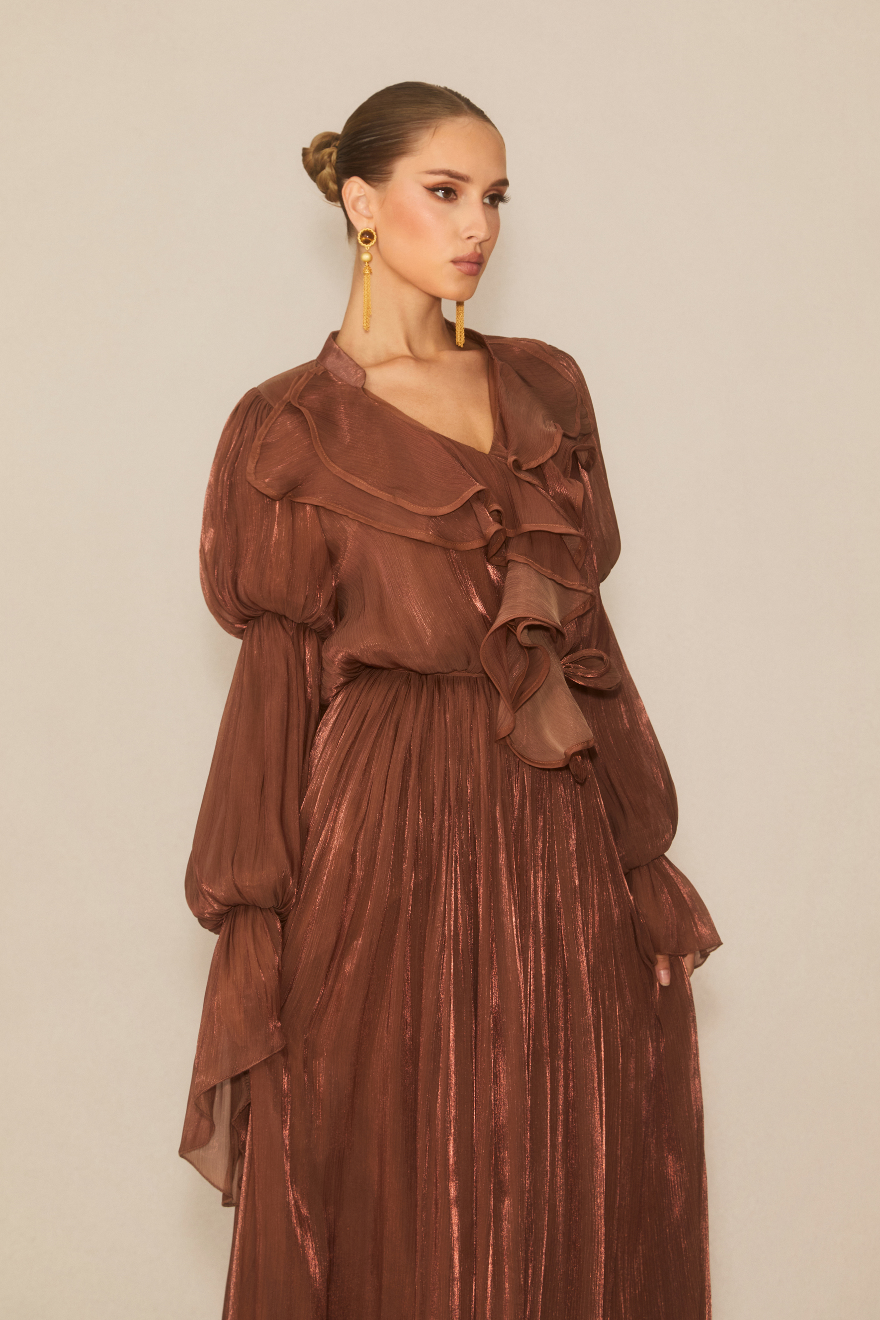 Oh-So Stunning Brown Puff Sleeve Ruffled Maxi Dress