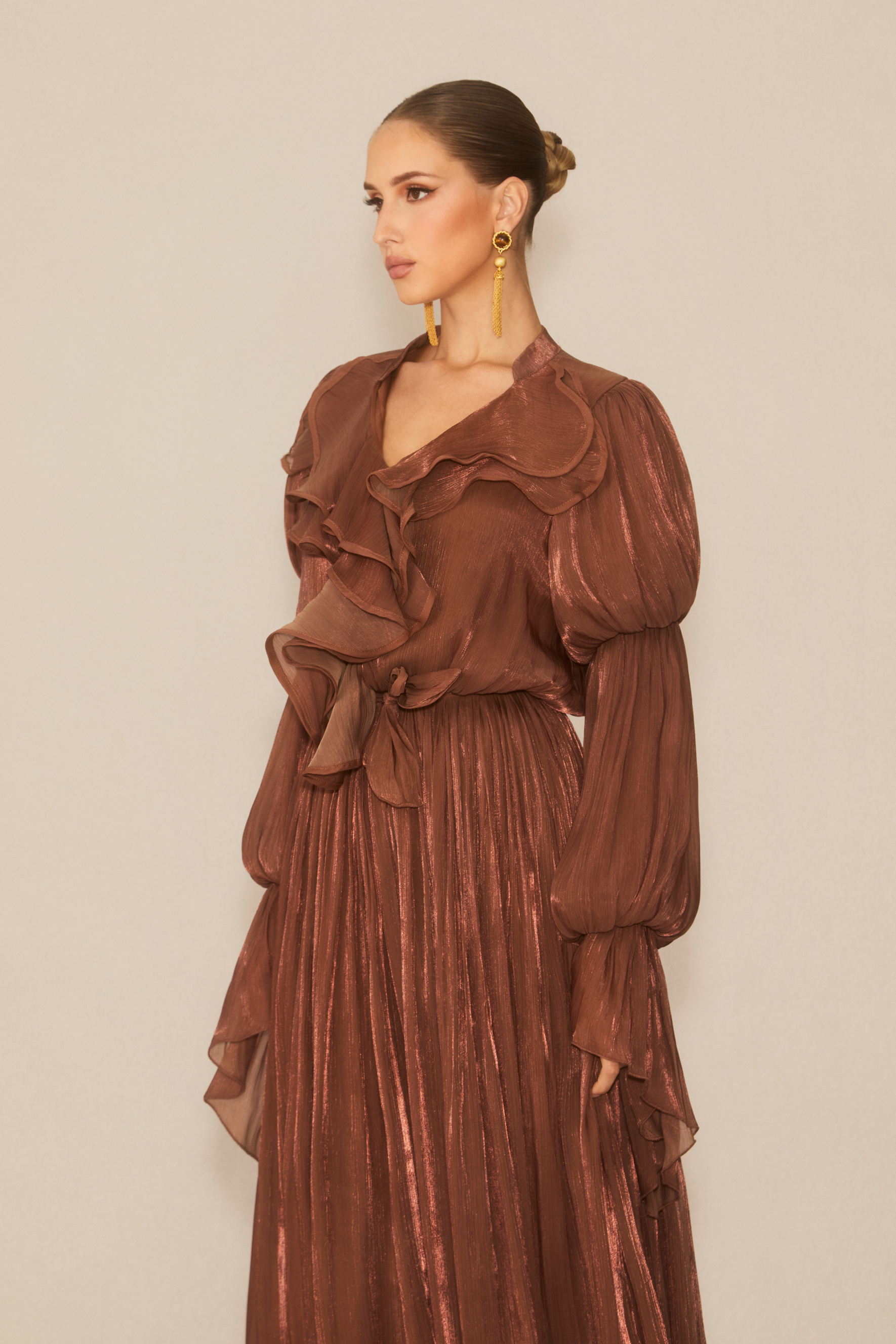 Oh-So Stunning Brown Puff Sleeve Ruffled Maxi Dress
