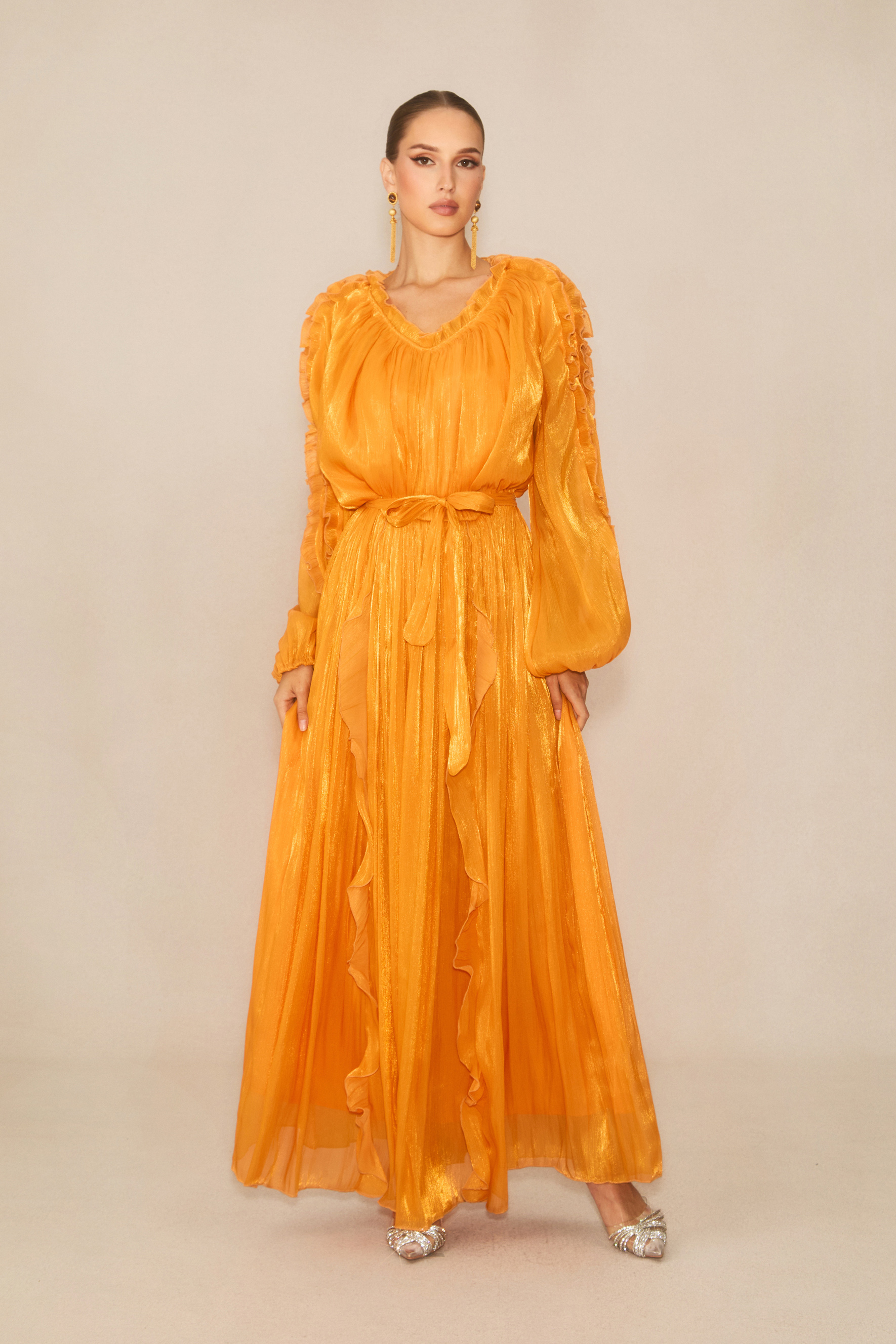 Attractive Radiance Orange V-Neck Ruffled Maxi Dress