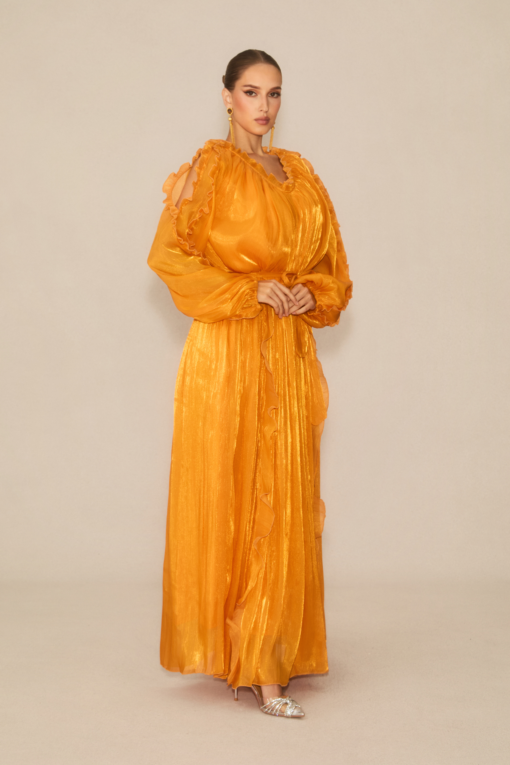Attractive Radiance Orange V-Neck Ruffled Maxi Dress