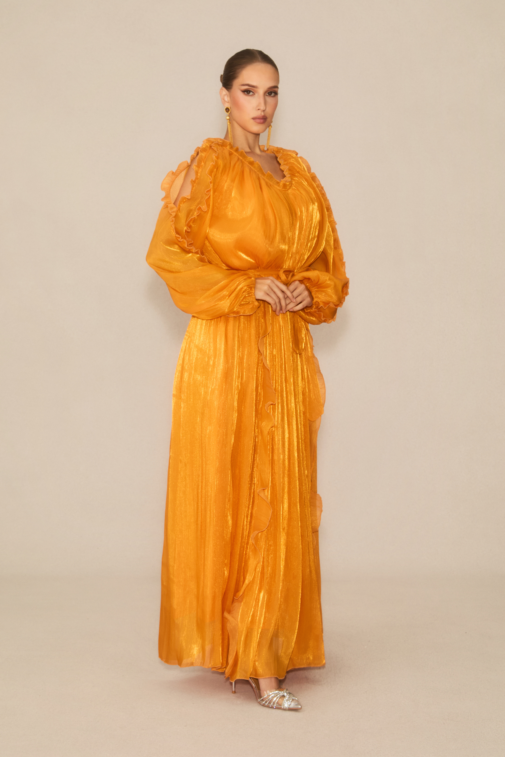 Attractive Radiance Orange V-Neck Ruffled Maxi Dress
