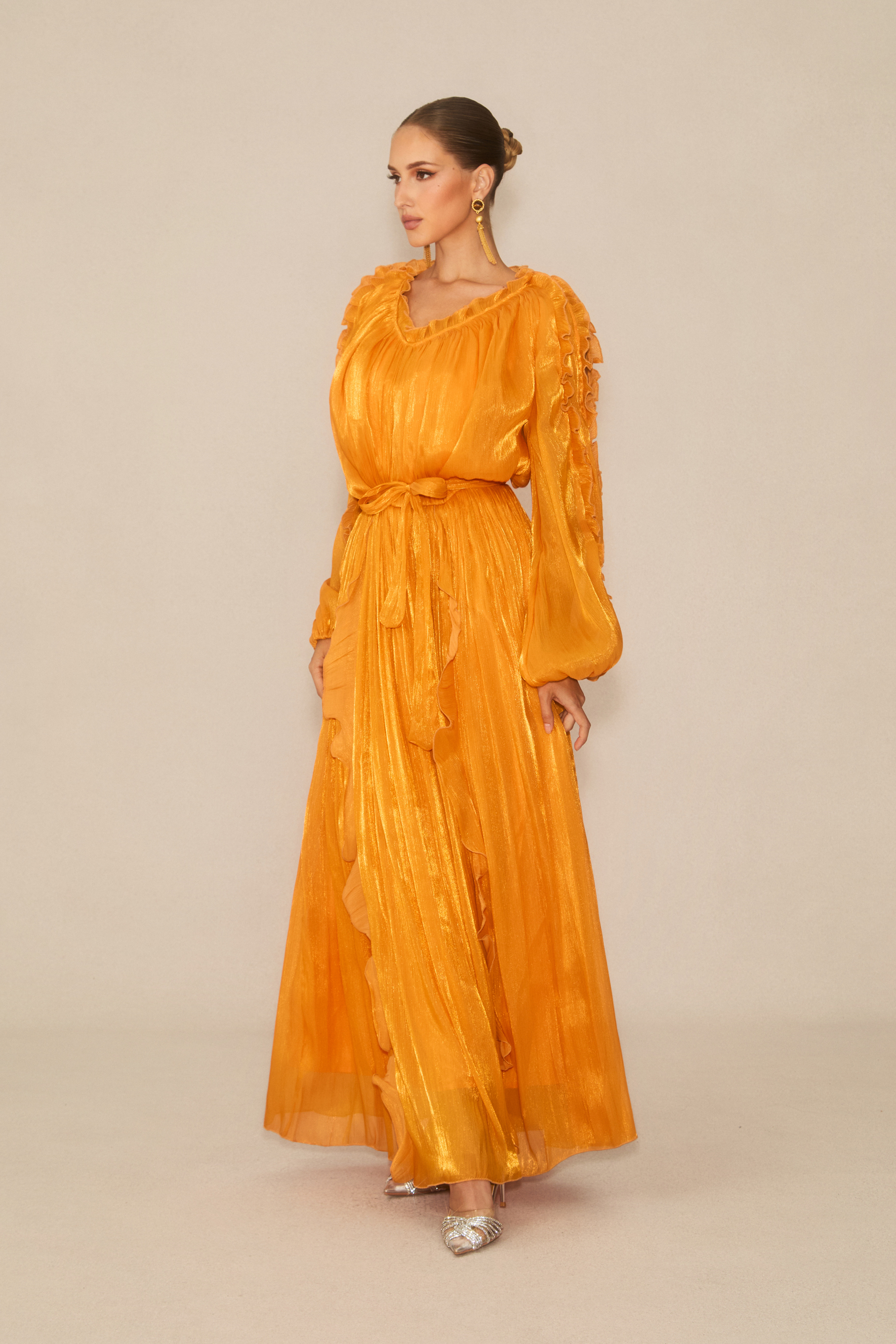 Attractive Radiance Orange V-Neck Ruffled Maxi Dress