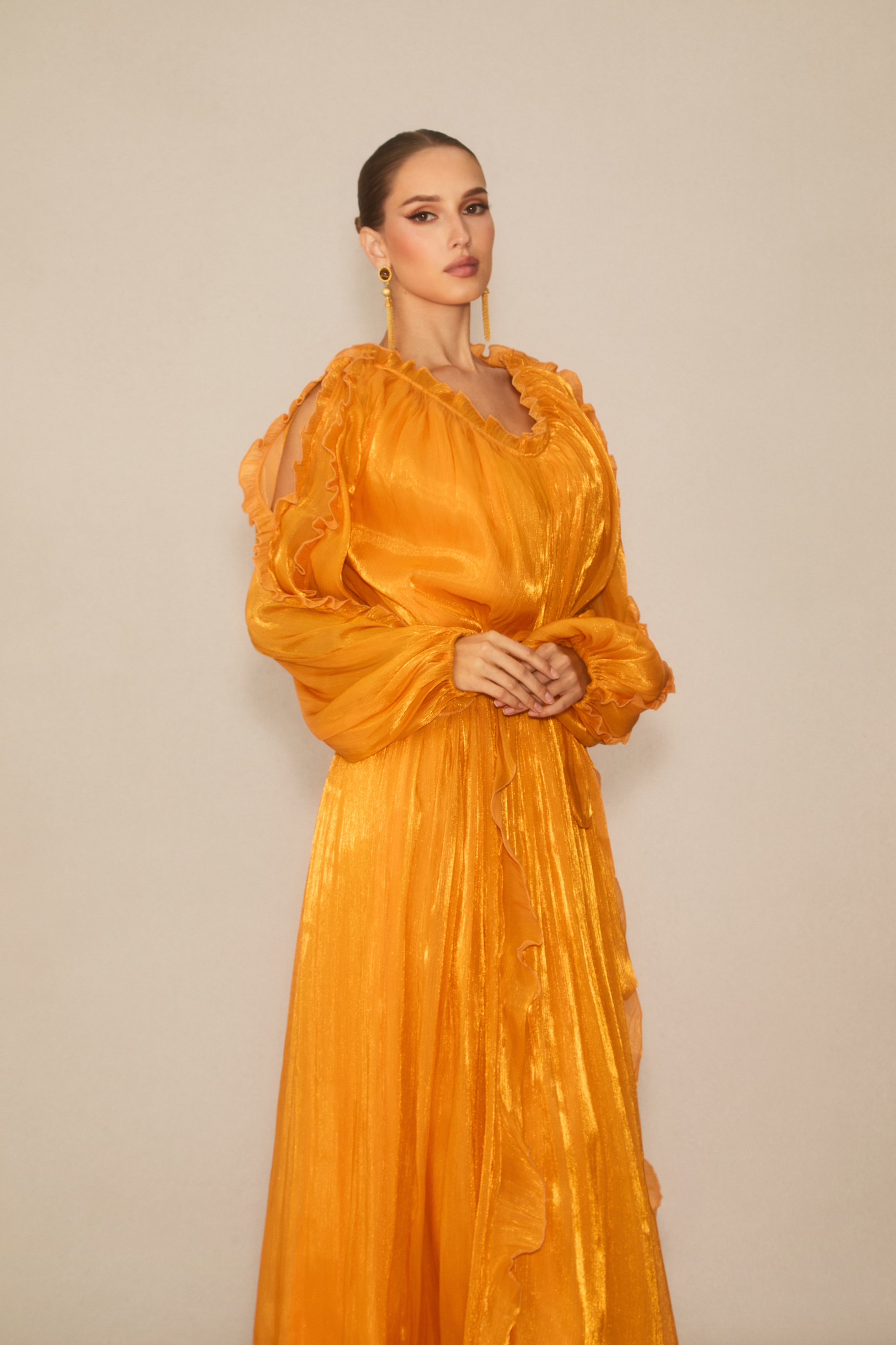 Attractive Radiance Orange V-Neck Ruffled Maxi Dress