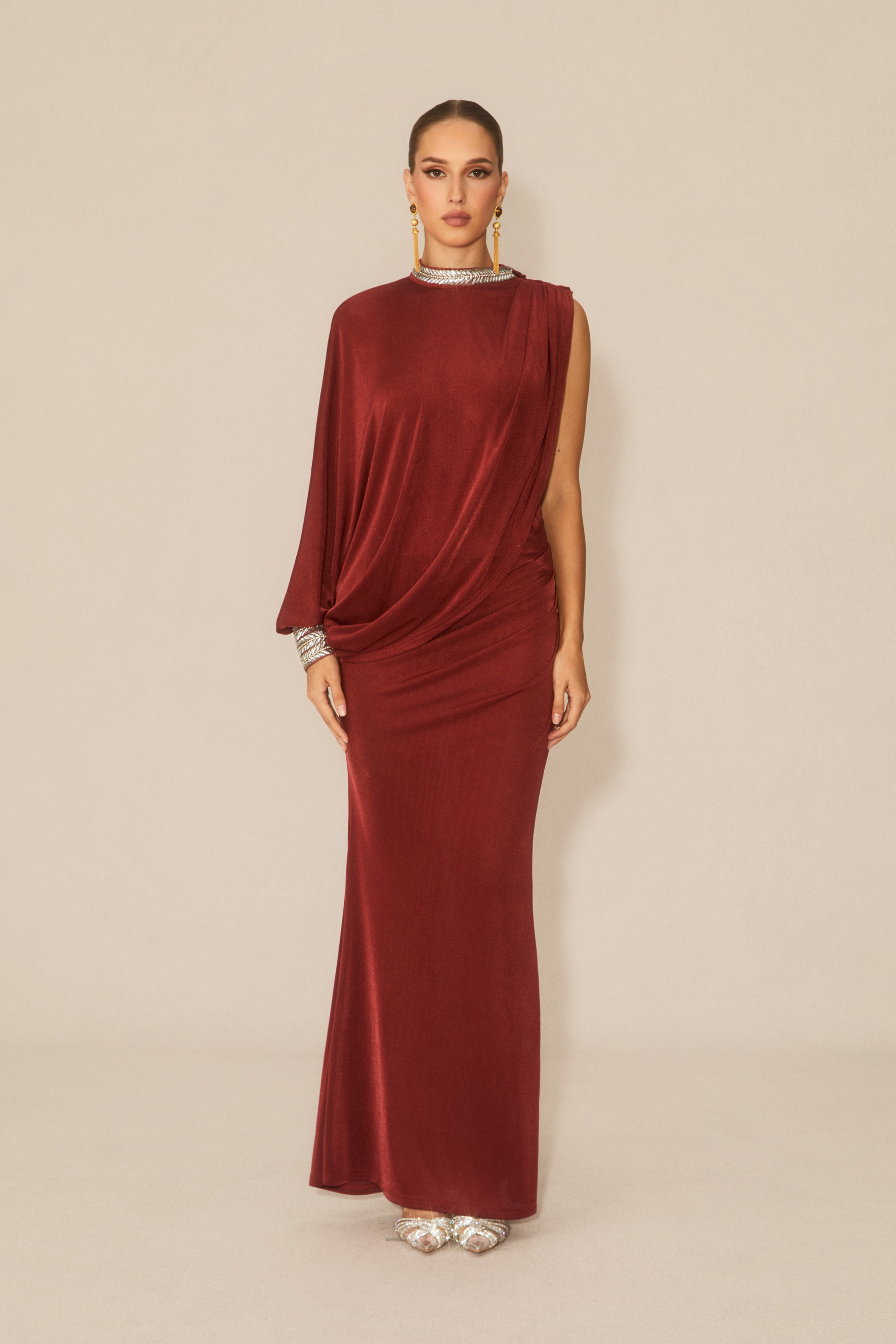 Feel The Romance Burgundy Crystal Embellished Asymmetric Maxi Dress
