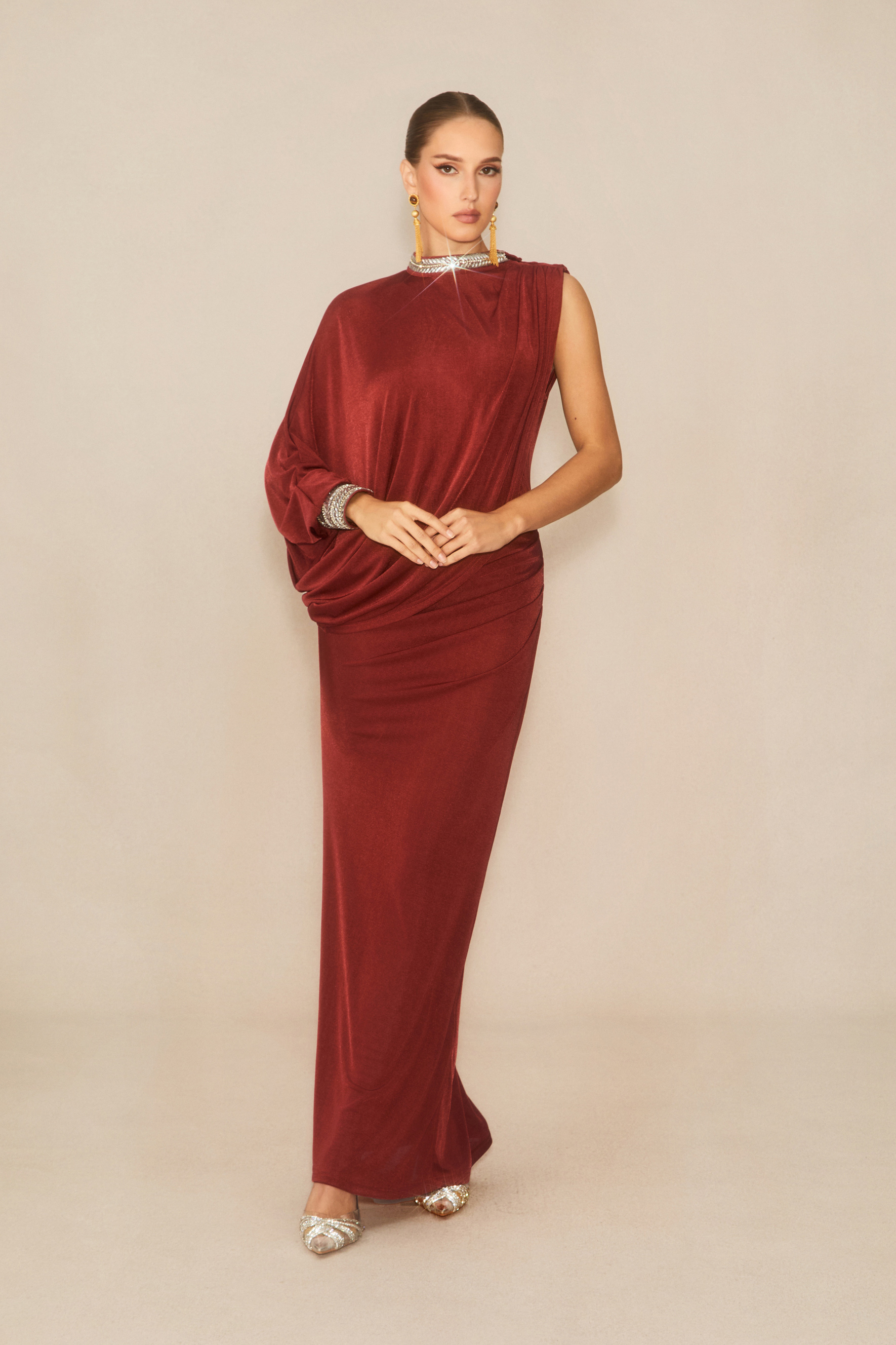 Feel The Romance Burgundy Crystal Embellished Asymmetric Maxi Dress