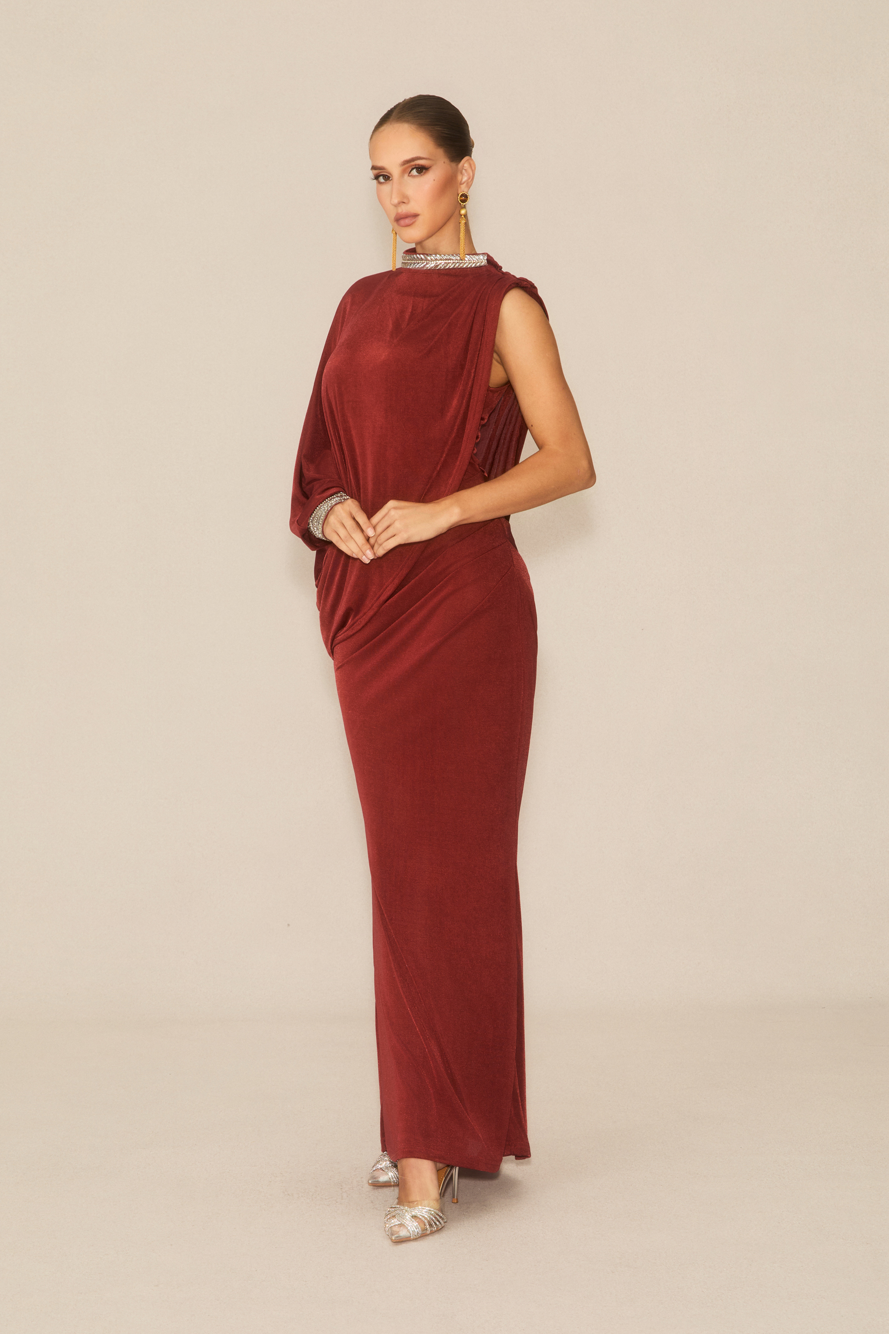 Feel The Romance Burgundy Crystal Embellished Asymmetric Maxi Dress