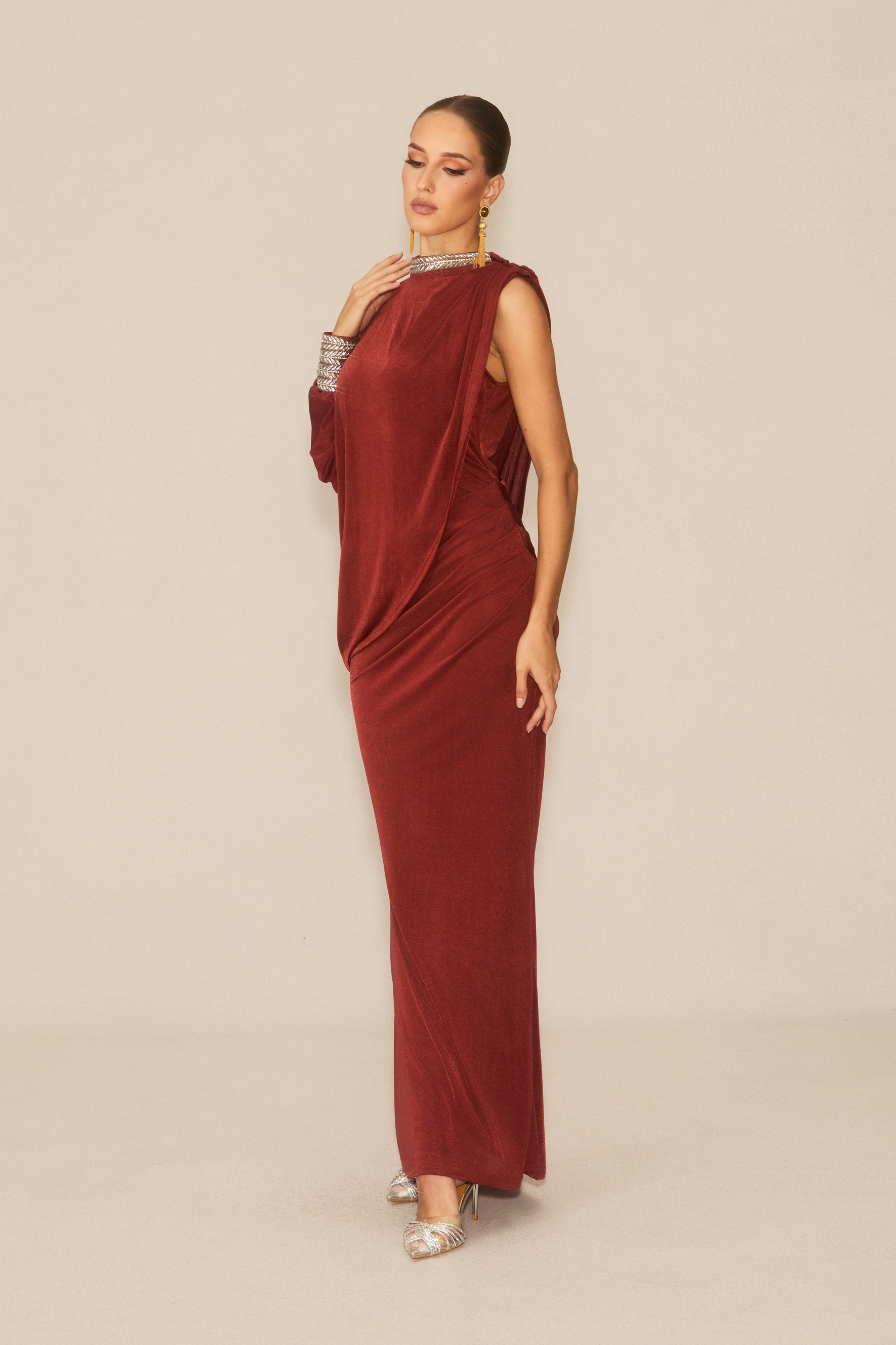Feel The Romance Burgundy Crystal Embellished Asymmetric Maxi Dress