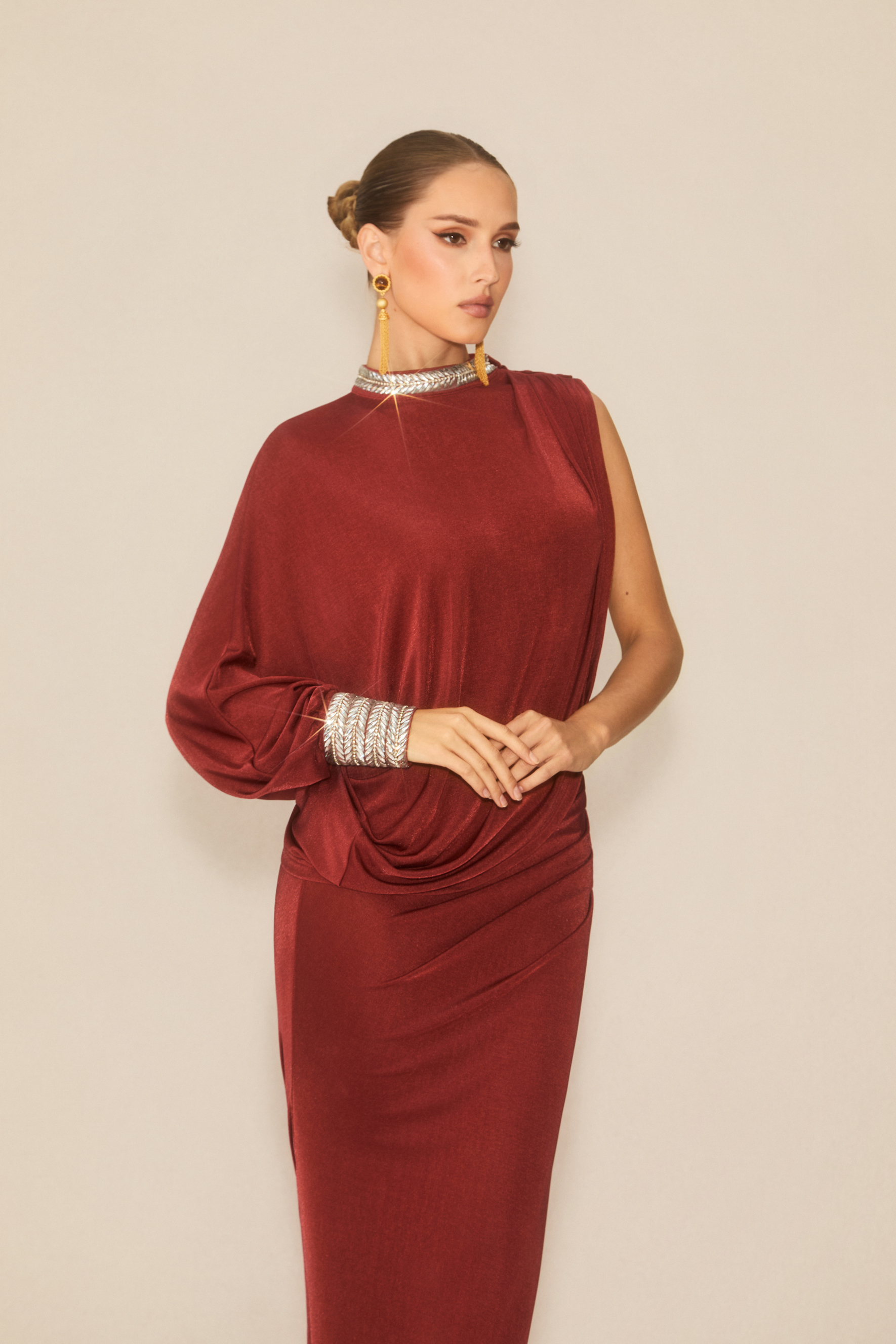 Feel The Romance Burgundy Crystal Embellished Asymmetric Maxi Dress