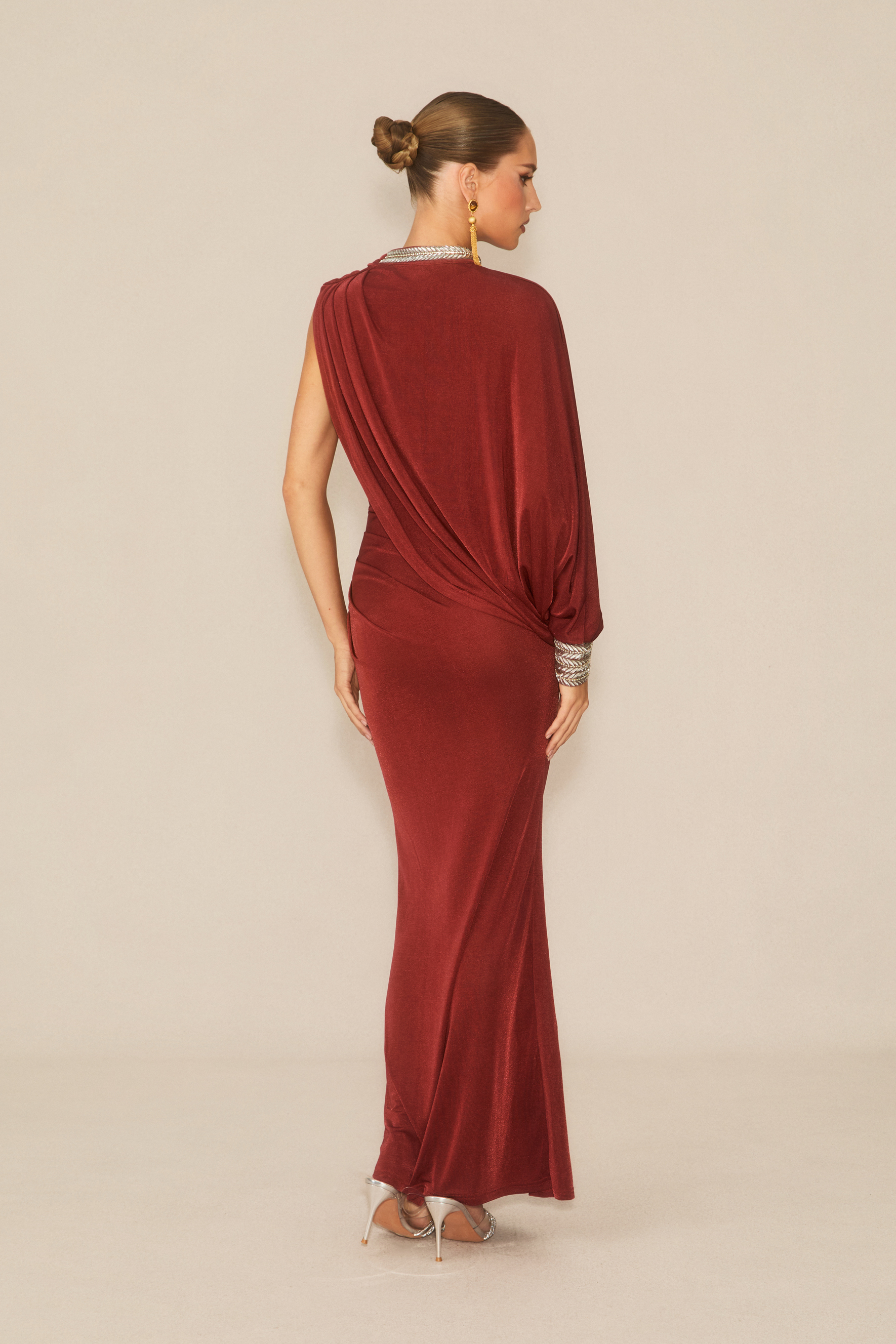 Feel The Romance Burgundy Crystal Embellished Asymmetric Maxi Dress
