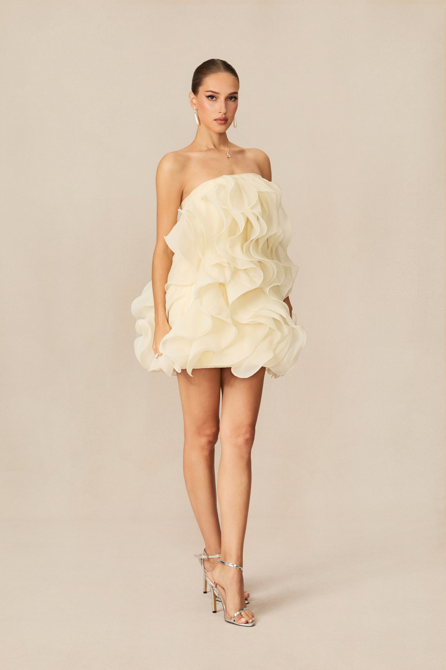 Petal Prowess Beige Layered Ruffle Mini Dress