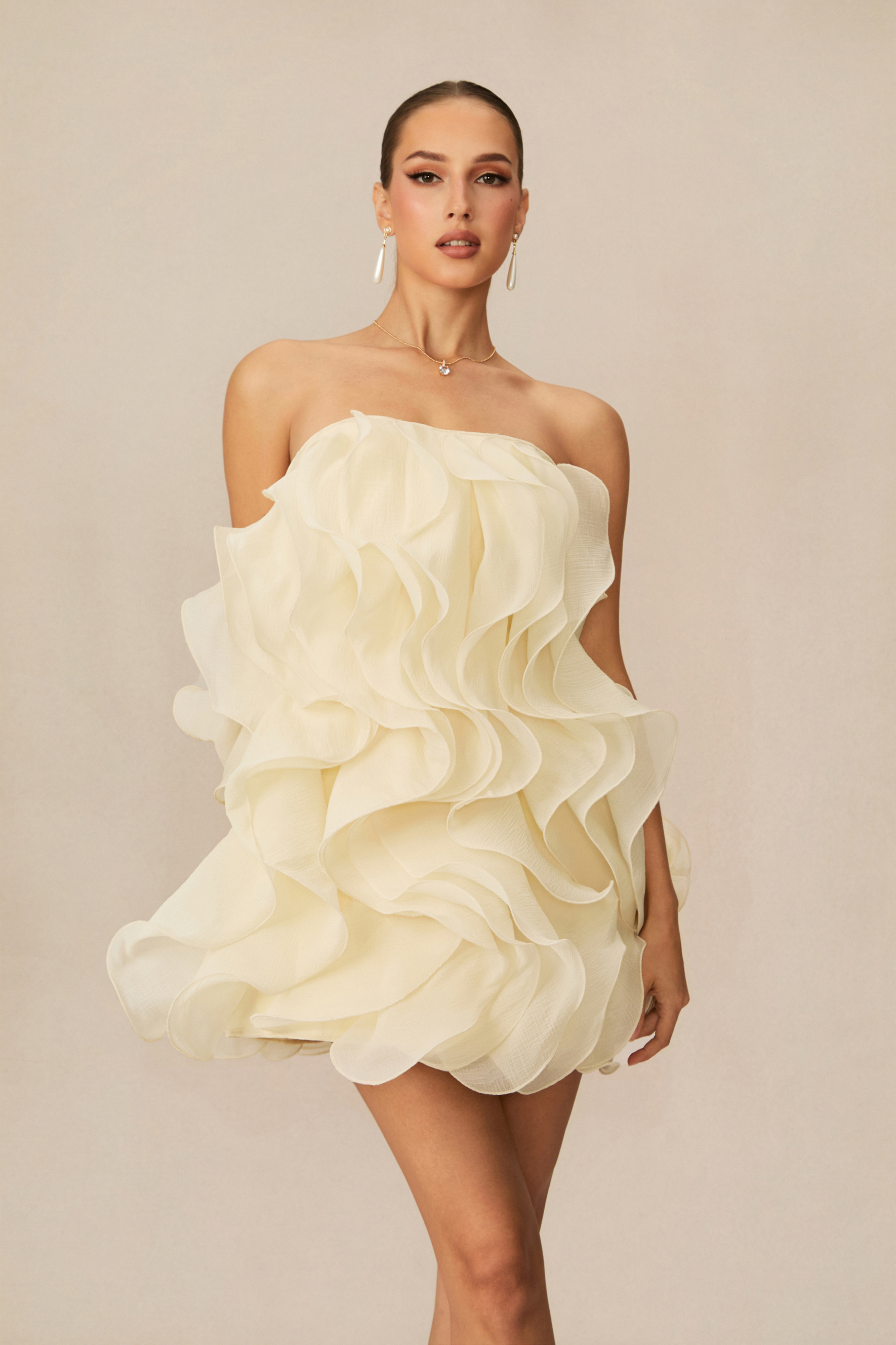 Petal Prowess Beige Layered Ruffle Mini Dress