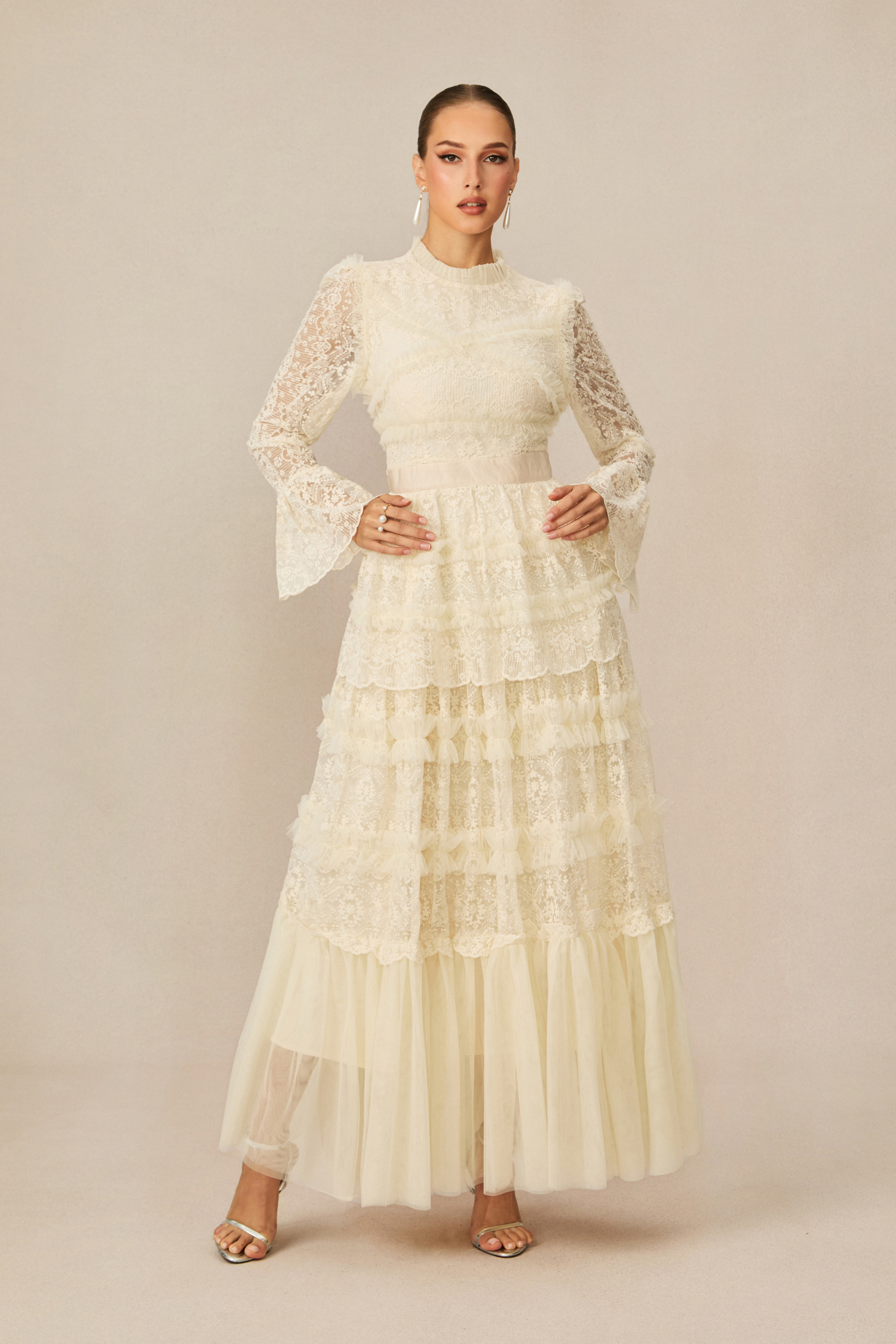 Modest Dresses: Alluring Love White Lace Tiered Maxi Dress for