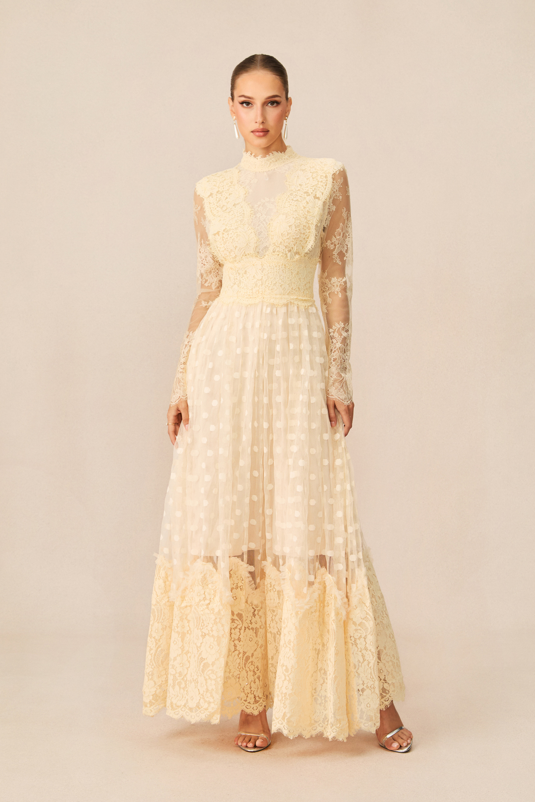 Monica Lace Embroidered Polka Dot Maxi Dress