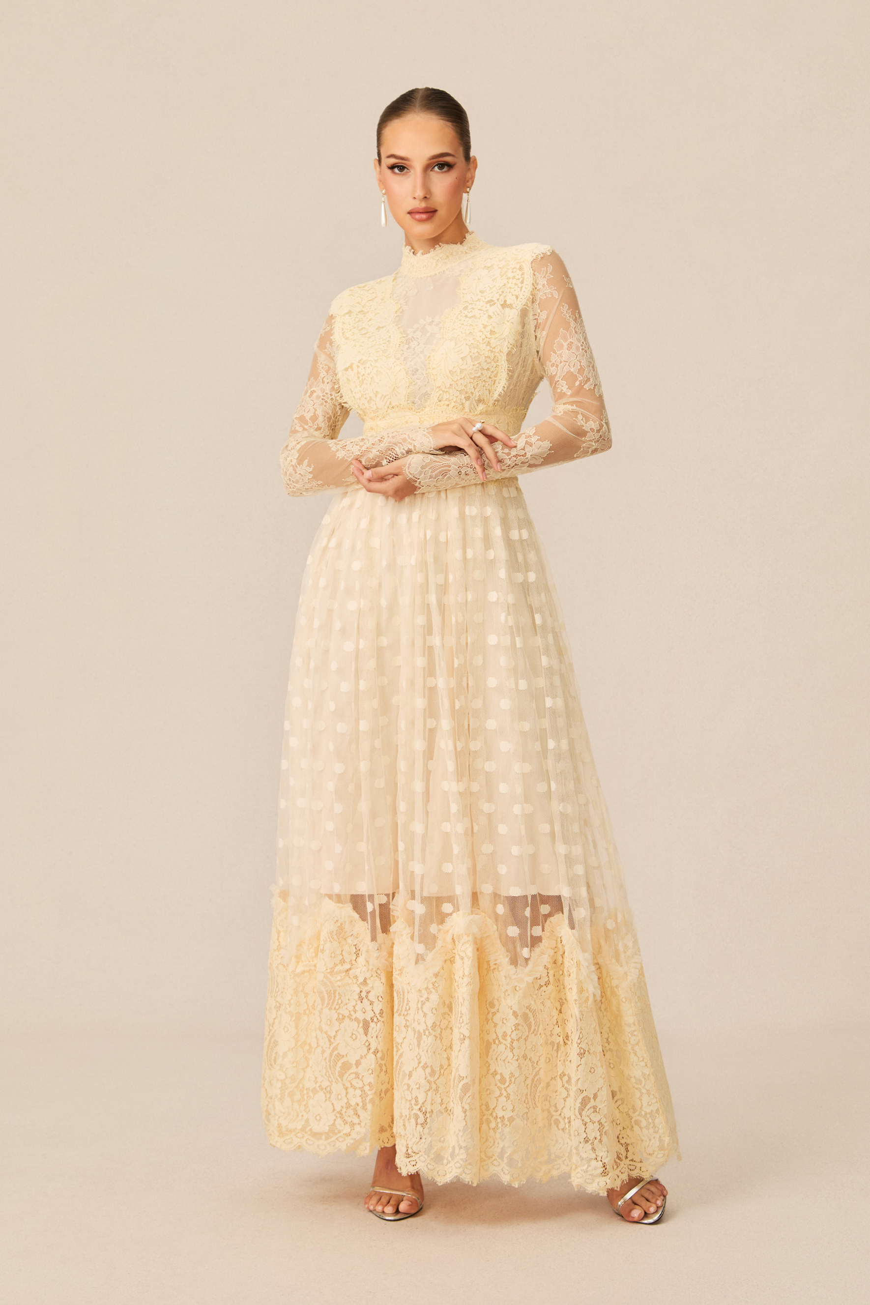 Monica Lace Embroidered Polka Dot Maxi Dress