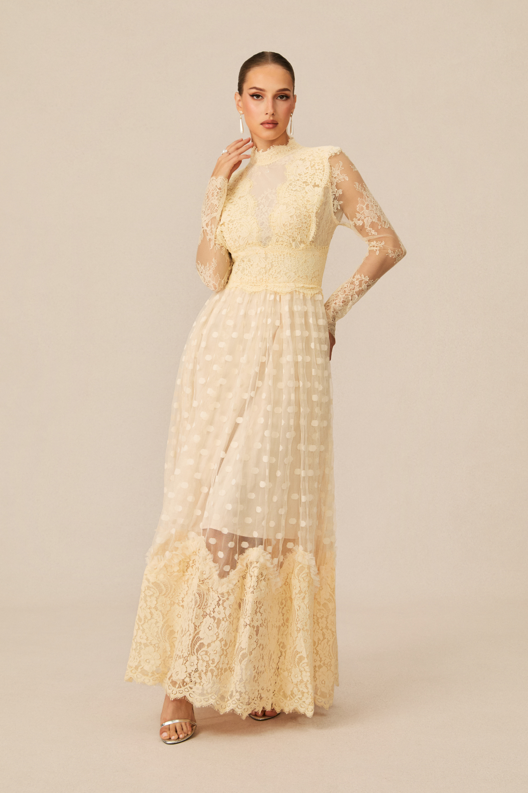 Monica Lace Embroidered Polka Dot Maxi Dress