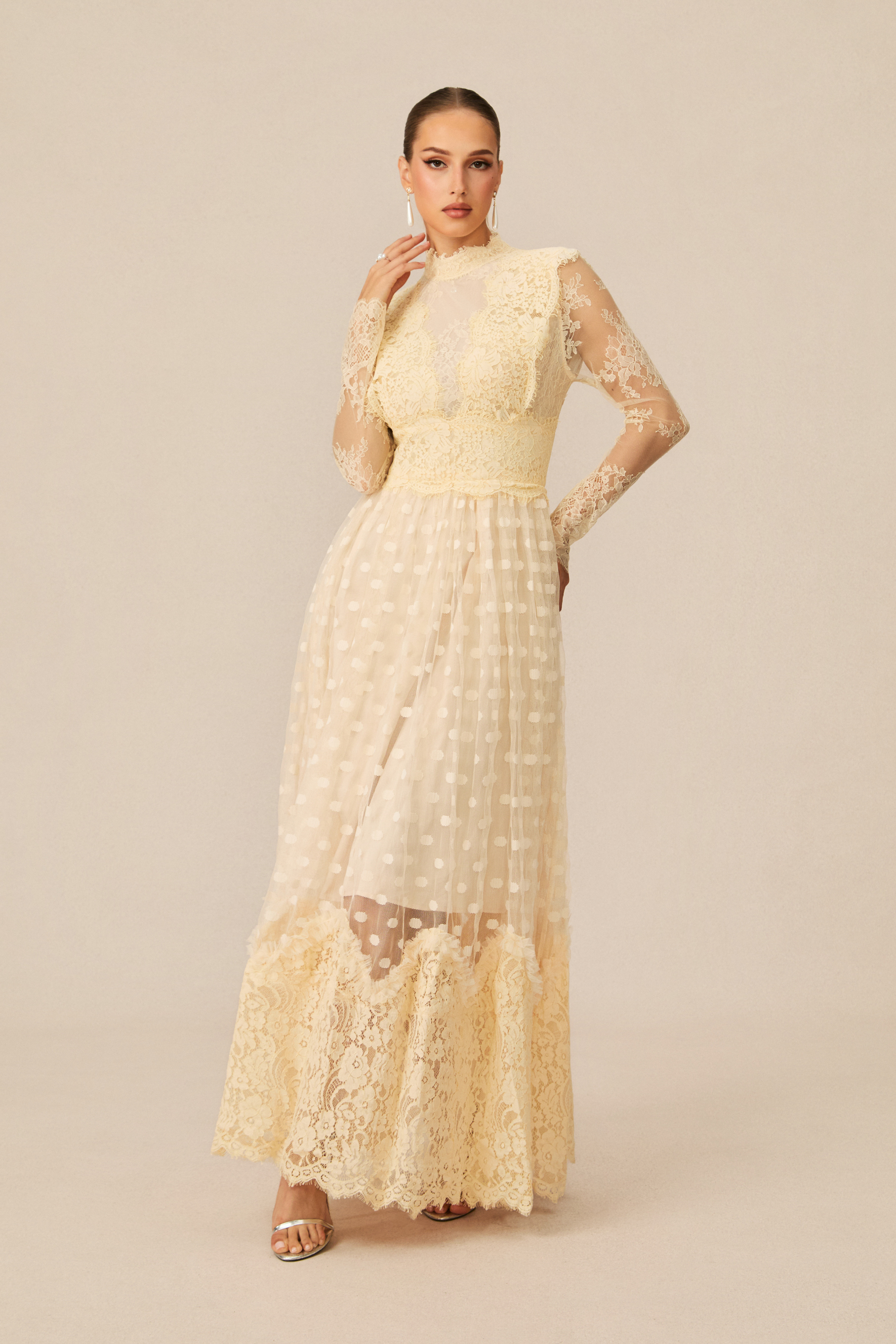 Monica Lace Embroidered Polka Dot Maxi Dress