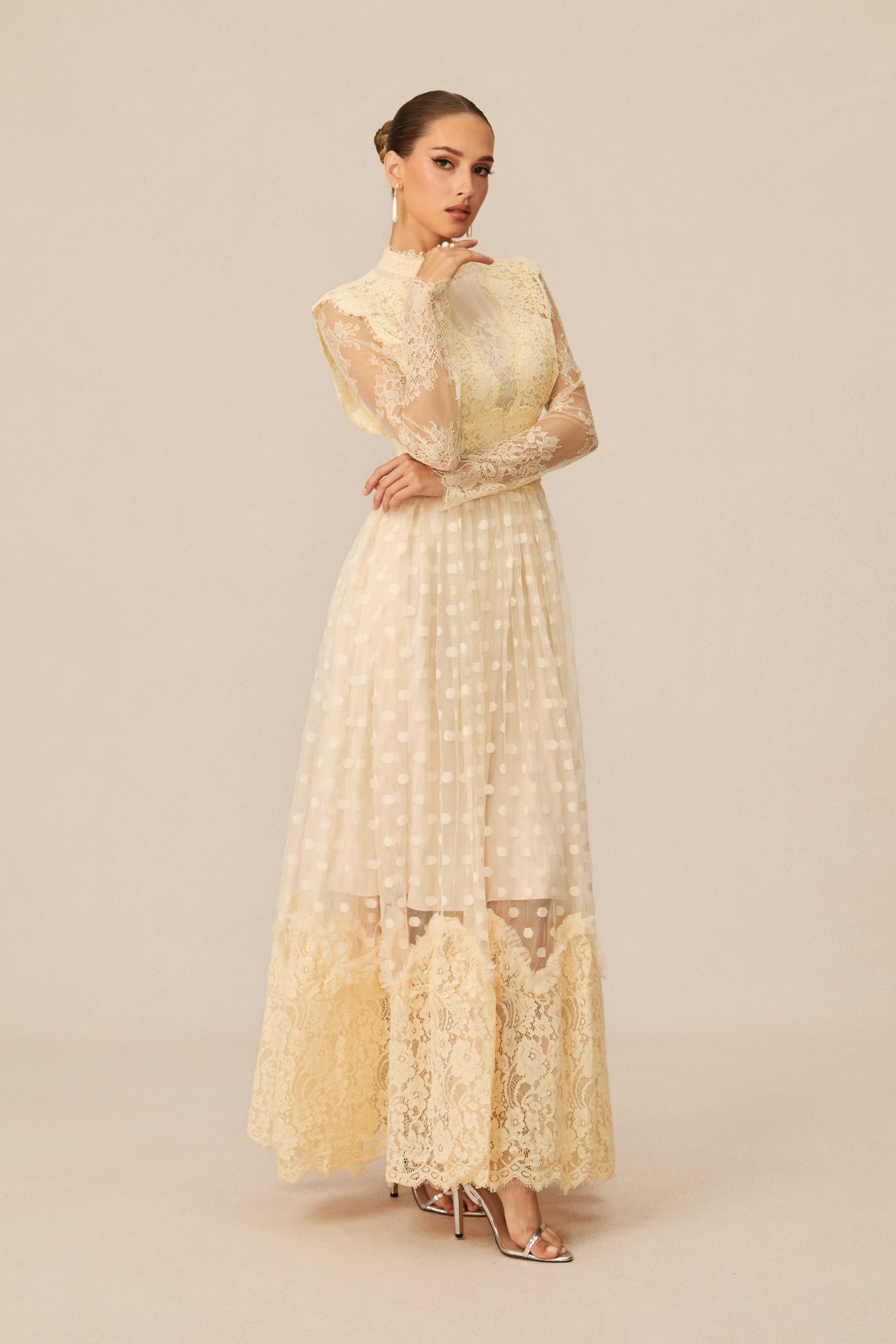 Monica Lace Embroidered Polka Dot Maxi Dress